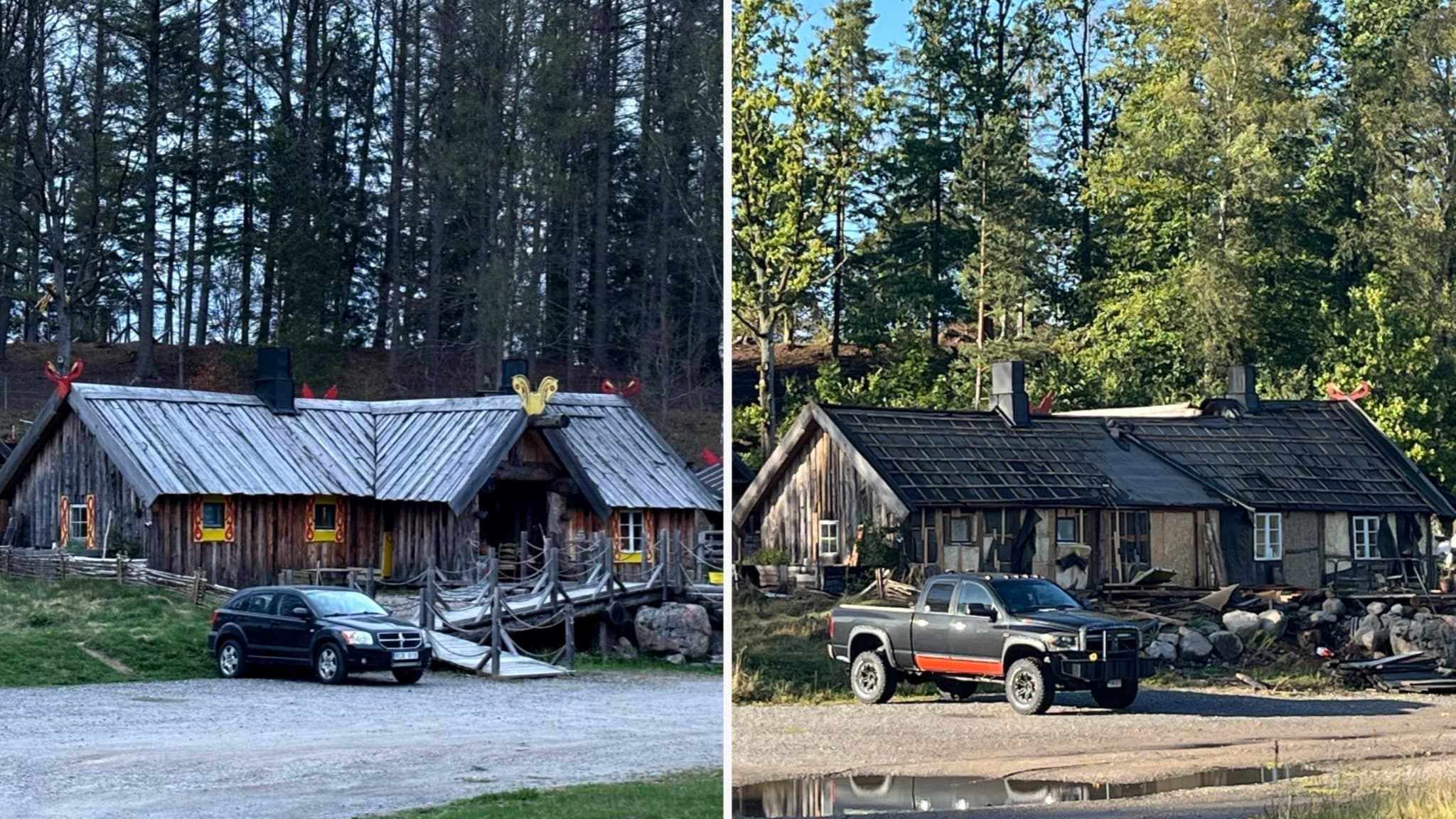 Två bilder visar Vikingabyn i Sösdala med traditionella träbyggnader omgivna av skog. 