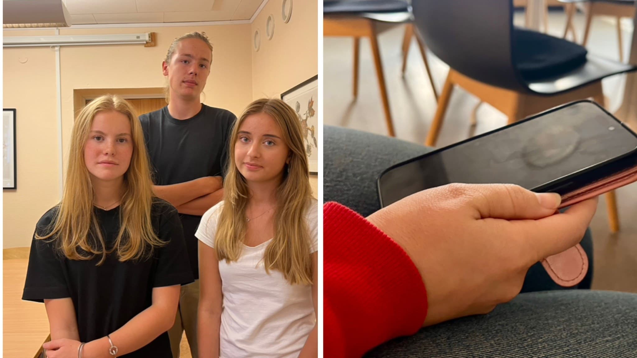 bild på elever och till höger är en närbild på en hand som håller i en mobil
