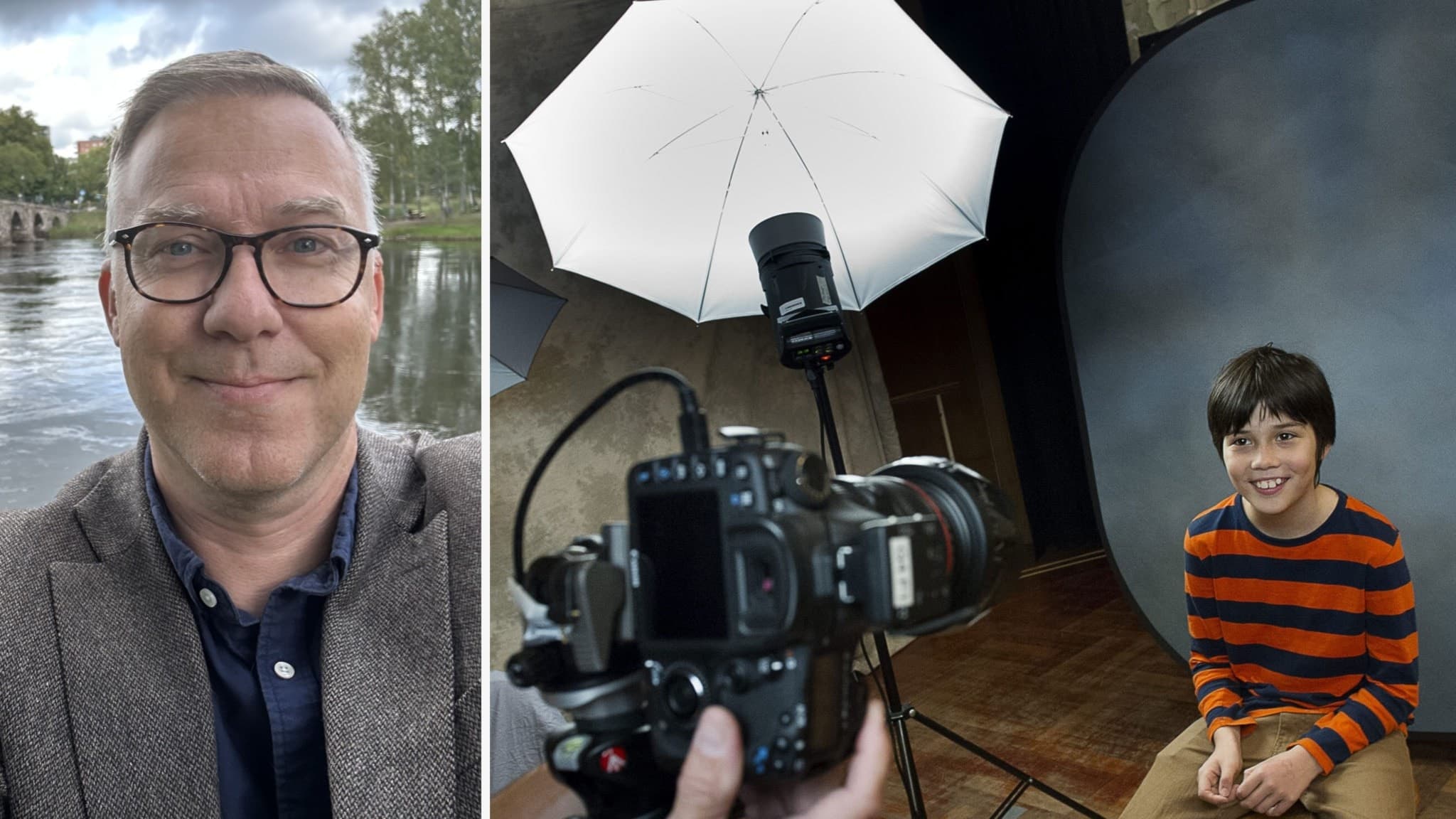 Splittbild. I den vänstra bilden syns Kristian Lindgren, utbildningschef i Örkelljunga kommun. I bakgrunden syns ett vattendrag med en stenvalvsbro intill samt grönskande träd. Himmeln är fylld av moln. Kristian själv syns från bröstkorgen och upp, han bär en grå kappa, blå skjorta och mörkbågade glasögon. Han har kort grått hår. I den högra bilden syns en kamerauppsättning och en elev som sitter framför en fotobakgrund.