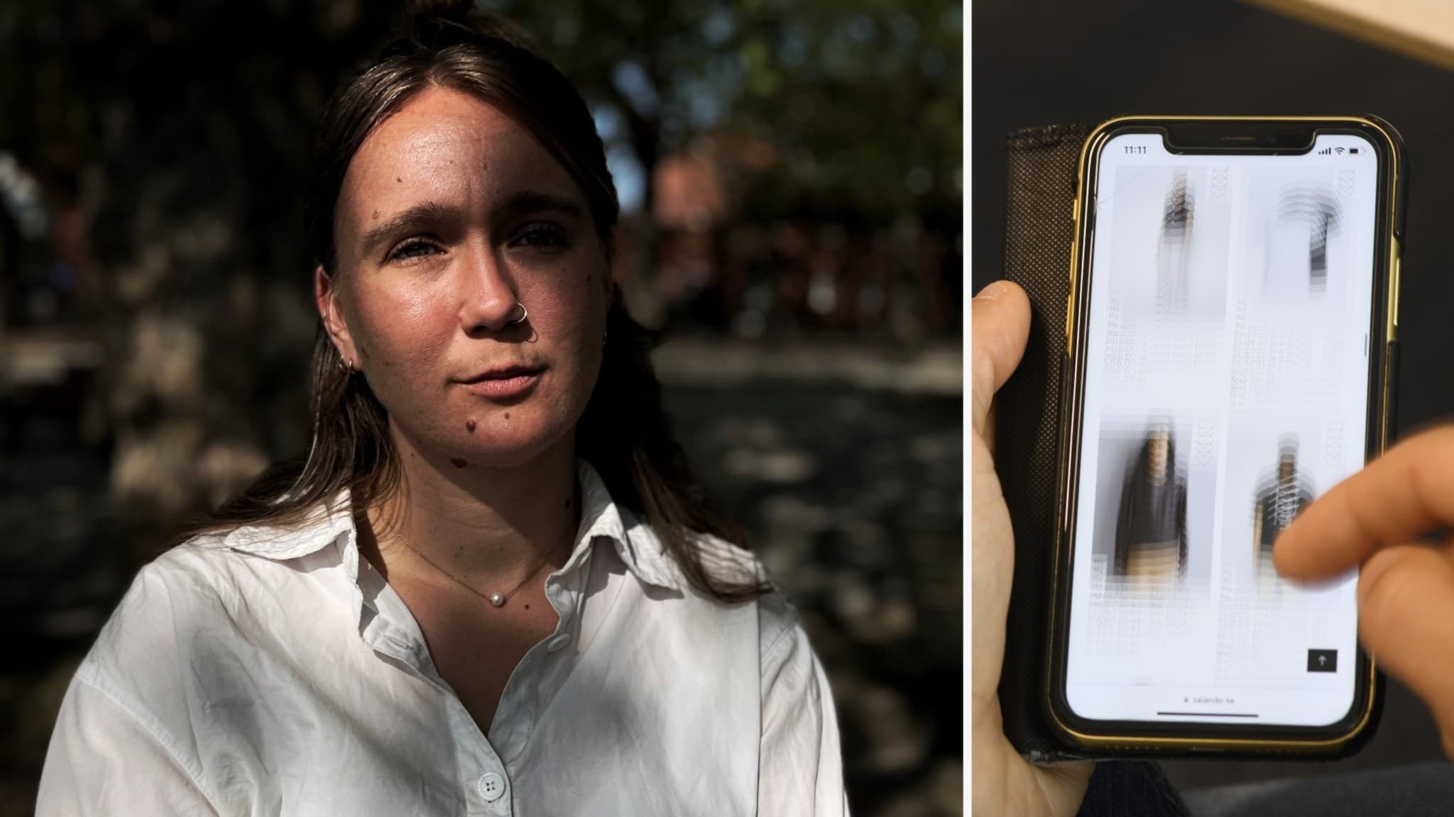 Alba Mogensen från Ystad Allehanda deltar i en mobilfri månad, med fokus på att begränsa smartphoneanvändning. Bilden är en splittbild. Vänstra bilden visar Alba ståendes delvis i skugga, i en vit skjorta, näsring och mörkt utsläppt hår. I den högra bilden syns en hand som scrollar på en mobiltelefon.