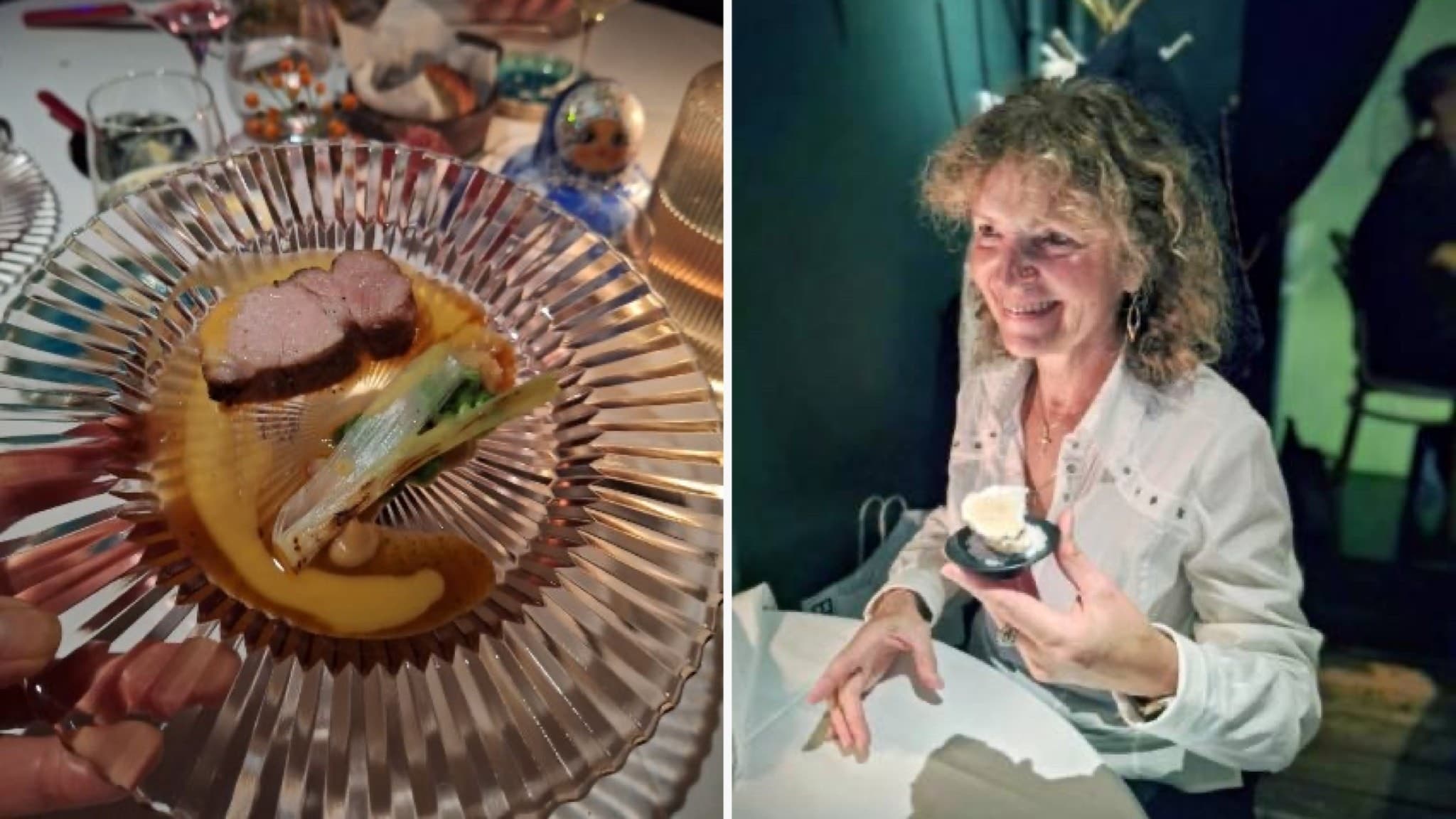 En elegant maträtt med kött, sås, potatis och grönsaker på en glastallrik. Till höger en person i vit skjorta som håller en liten dessert vid ett bord i en restaurangmiljö.