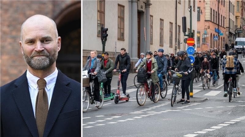 Lars Strömgren (MP) Trafikborgarråd i Stockholm Stad och ett gäng cyklister som cyklar ner från Götgatsbacken.