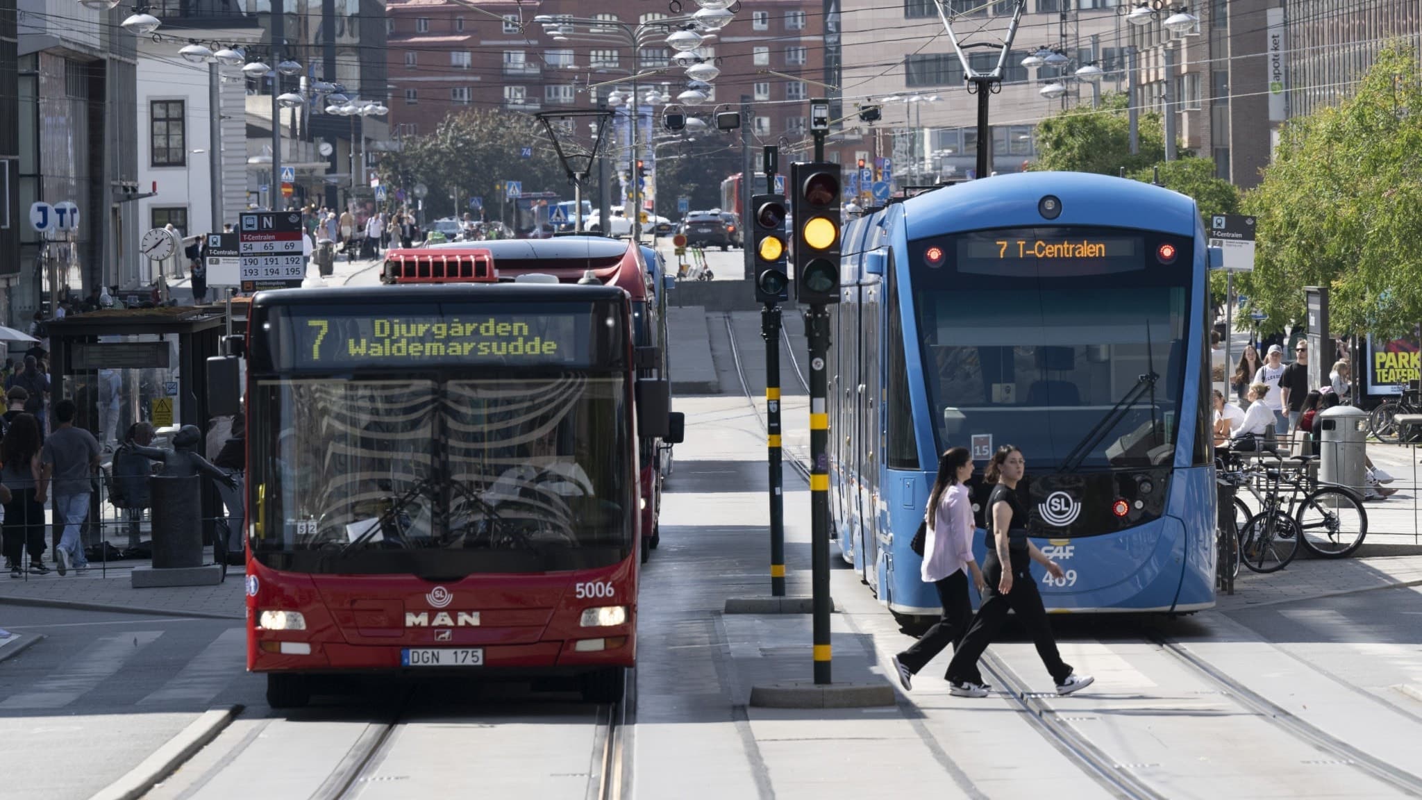 En buss och en spårvagn står vid ett trafikljus