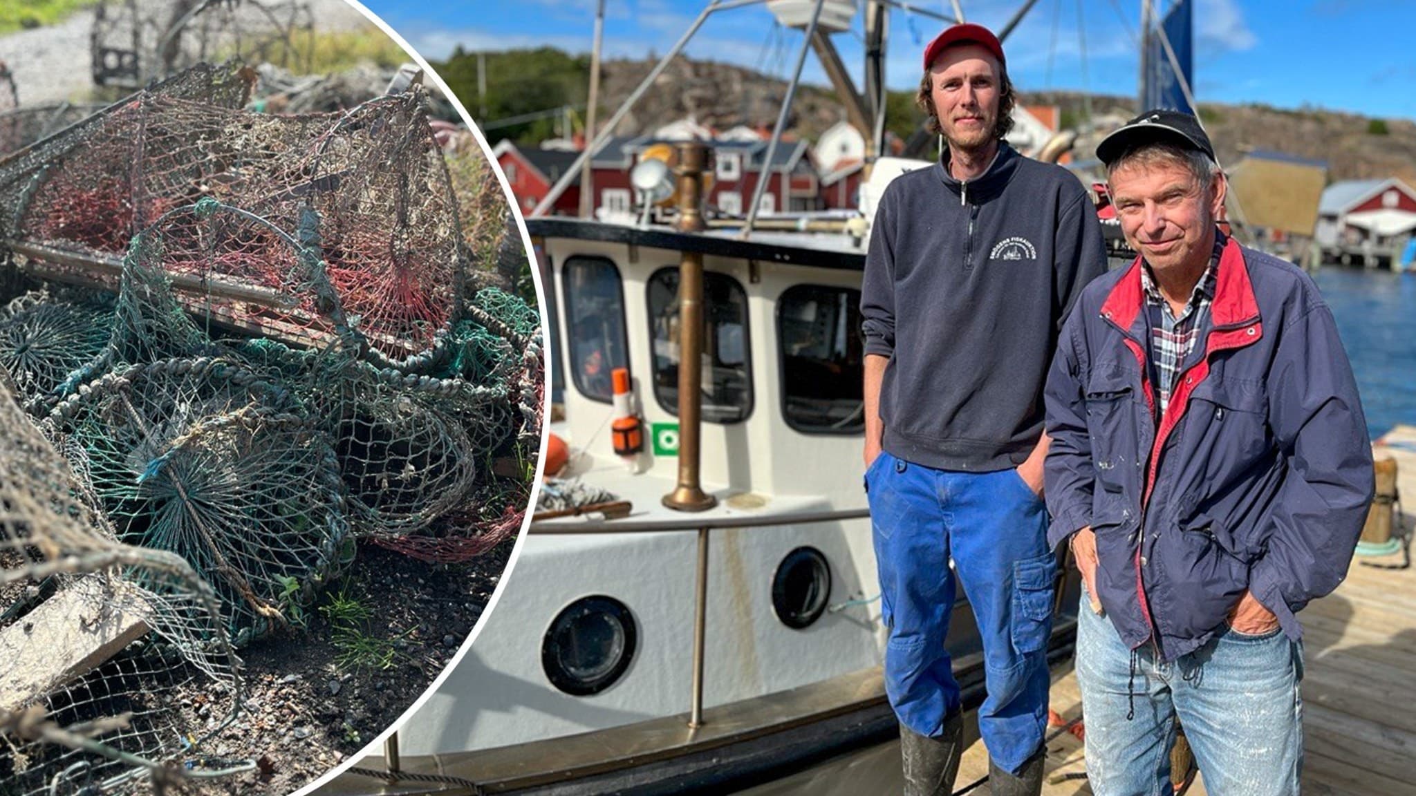 Till vänster en hög med gamla fiskeredskap som samlats upp ur havet. Till höger två män framför en liten fiskebåt.