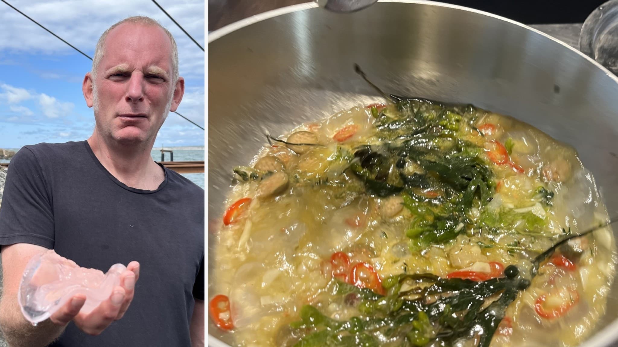 Bo Sjökvist håller en manet i handen och en skål med tillagad manet syns bredvid, innehållande grönsaker och kryddor. 