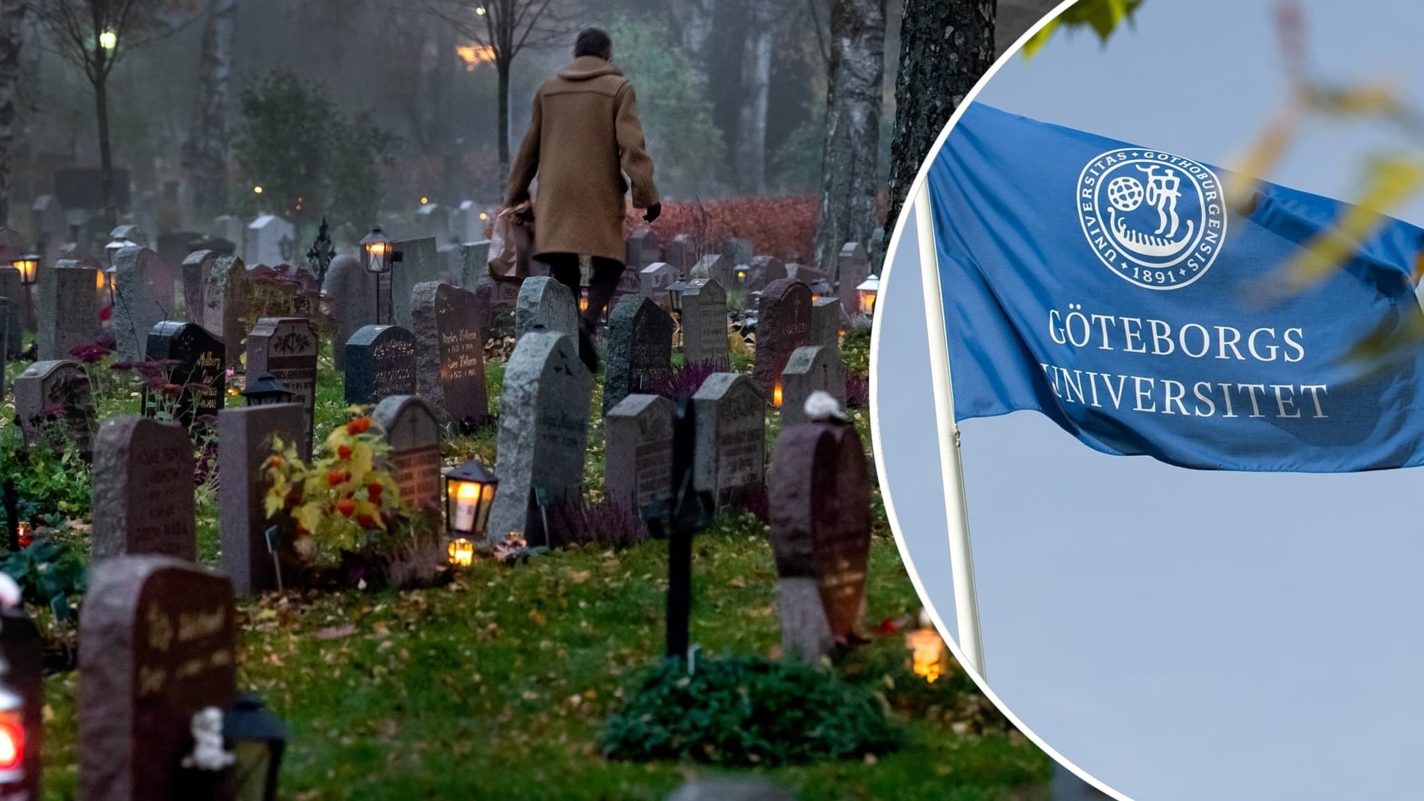 Till vänster en kyrkogård. Till höger Göteborgs universitets flagga. 