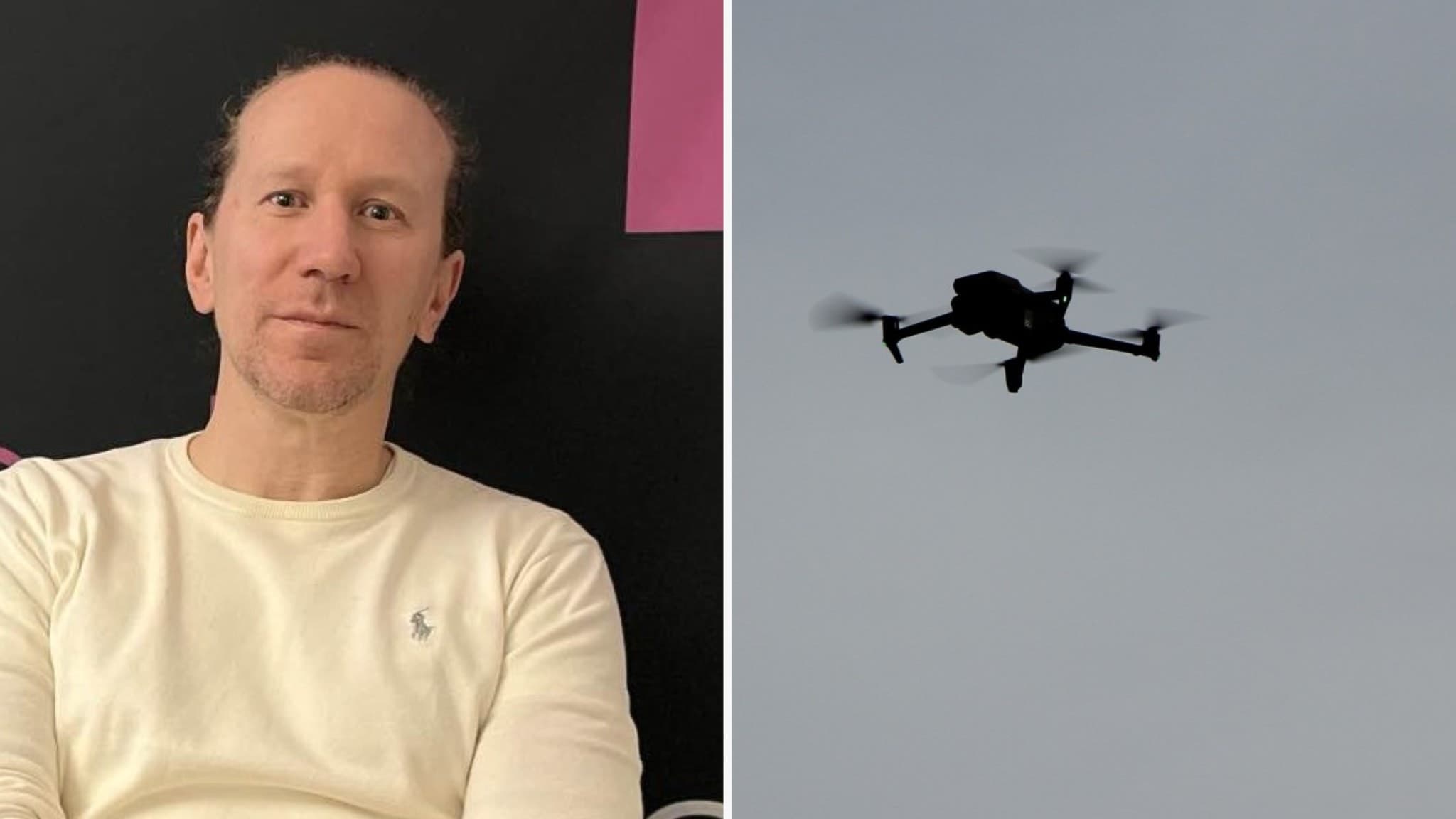 Johan Waara syns på vänster sida av bilden i ljus tröja mot en mörk bakgrund, medan en drönare flyger i luften på höger sida mot en grå himmel.