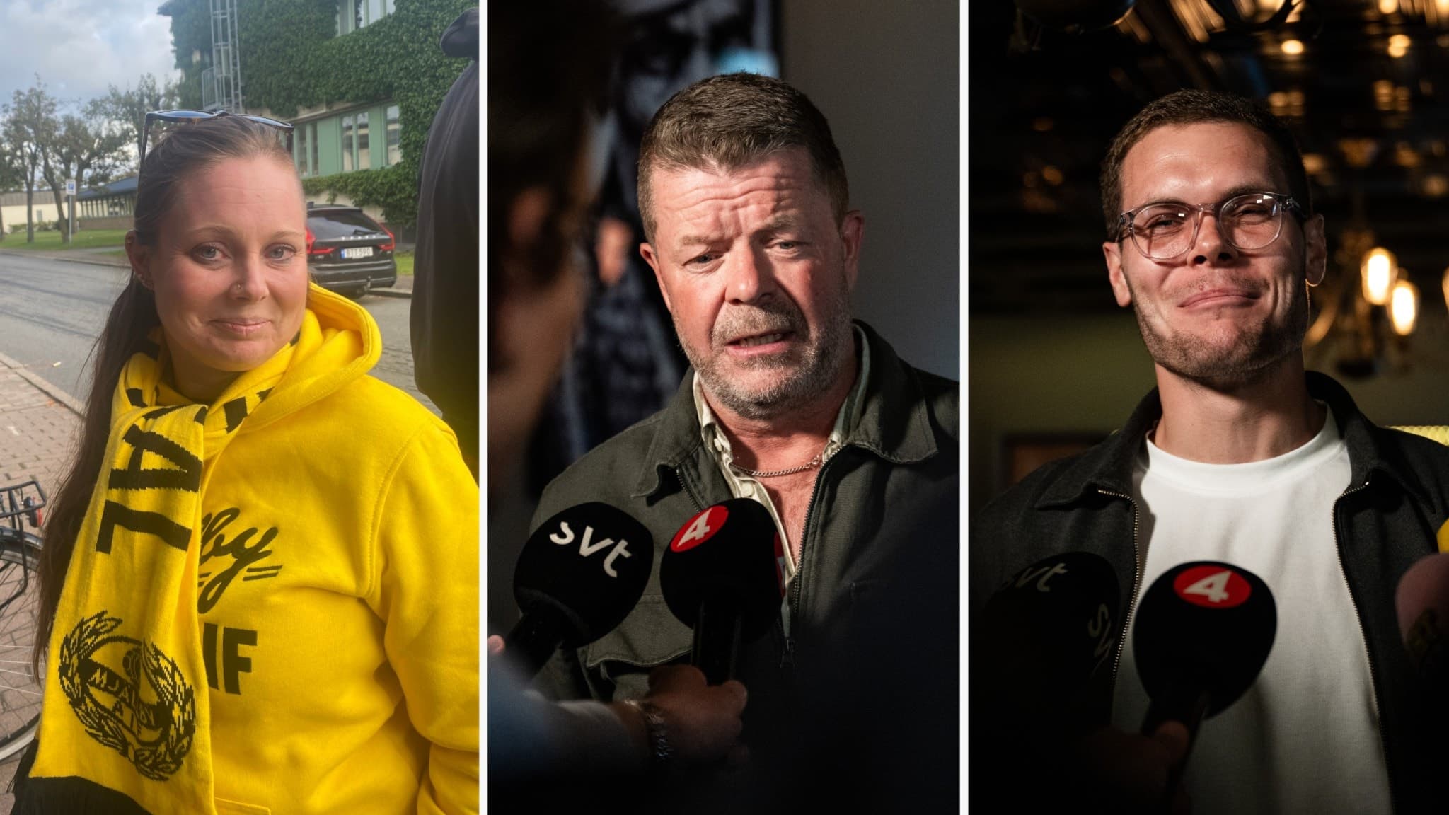 Bildmontage med tre personer i olika miljöer, varav en i gul tröja med texten 'Mjällby', en annan intervjuas av SVT och den tredje står framför en mikrofon från TV4.