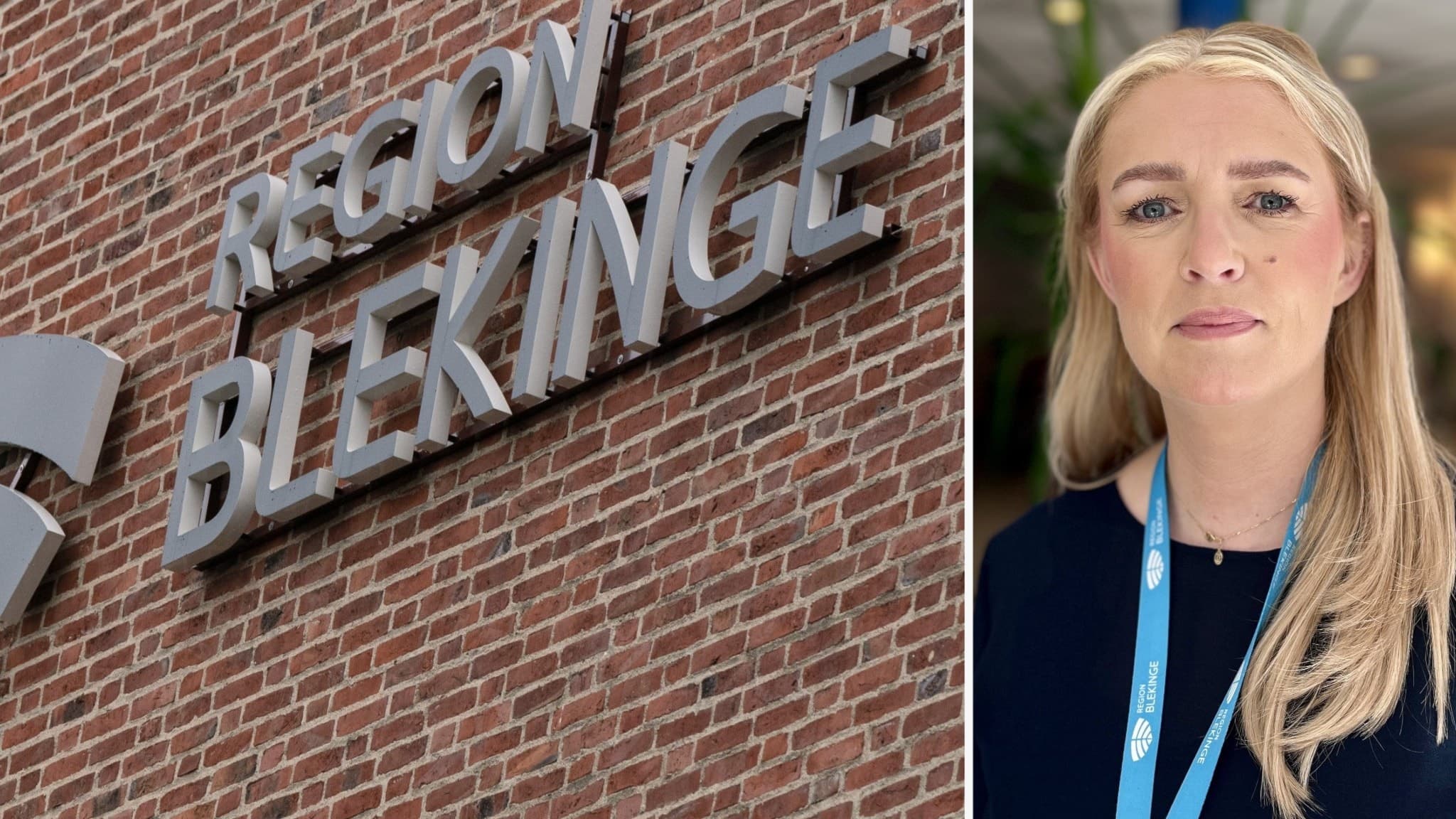 Ett kollage av två foton: en tegelvägg med texten 'Region Blekinge' samt Linda Hultén med långt blont hår och blå namnbricka som representerar Region Blekinge.