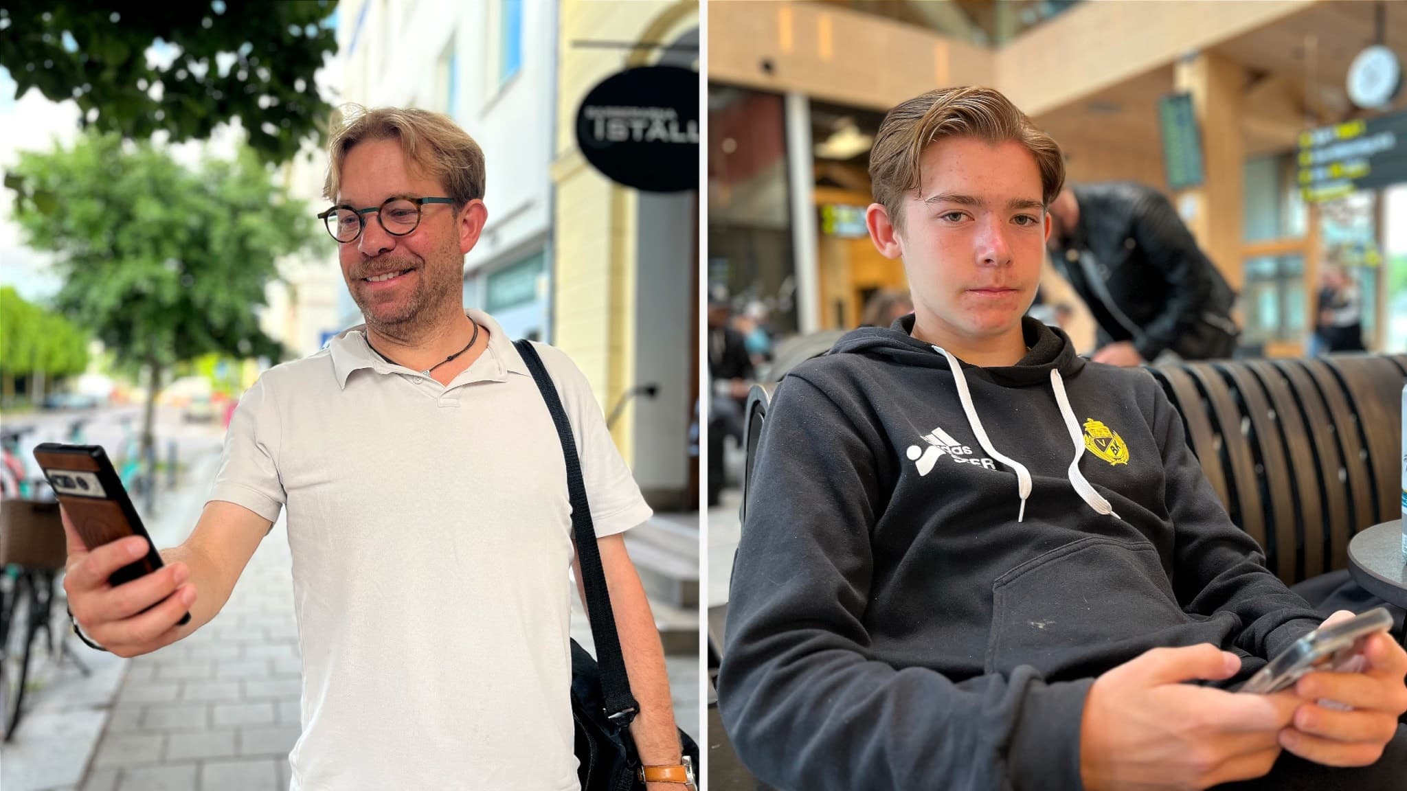 Två män använder mobiltelefoner utomhus i en stadsmiljö. Den vänstra mannen står på en trottoar nära butiker, och den högra mannen sitter på en bänk vid ett köpcentrum.