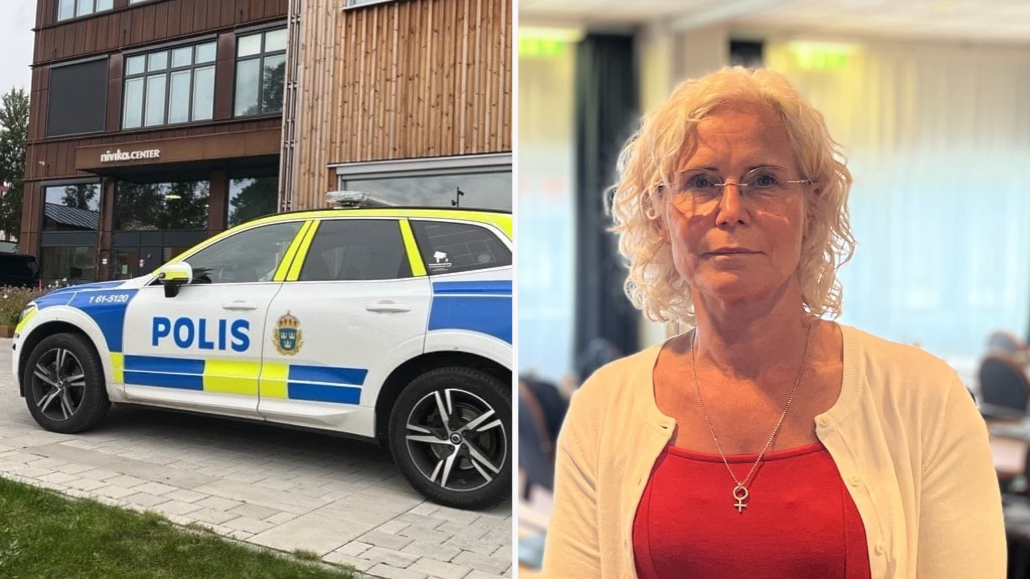 Polisbil parkerad utanför byggnaden på Hejaregatan i Växjö där ett misstänkt mord har inträffat. Malin Lauber (S), kommunalråd i Växjö, uttalar sig om händelsen.