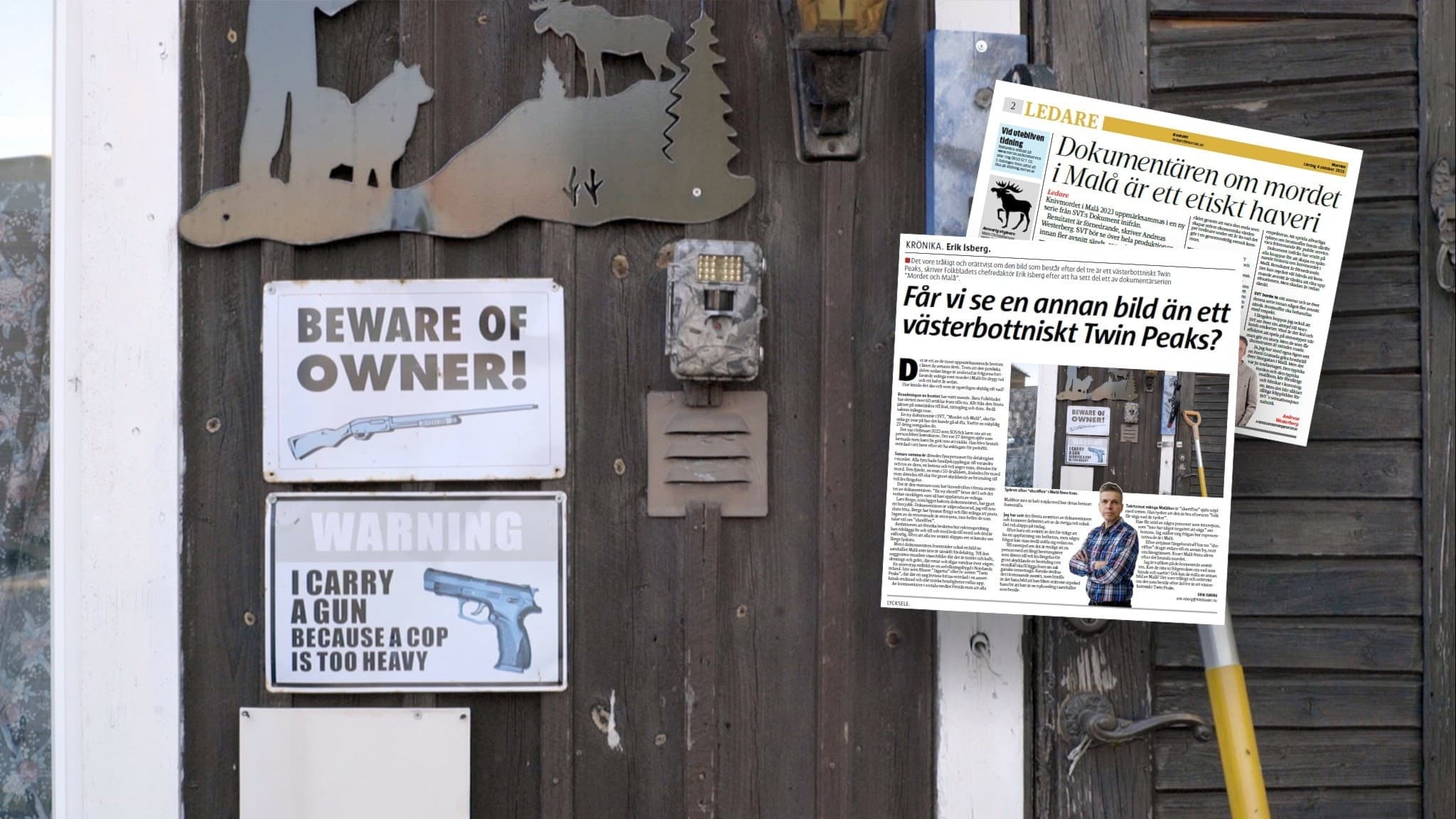 Montage som visar en dörr med varningsskyltar och tidningsartiklar.