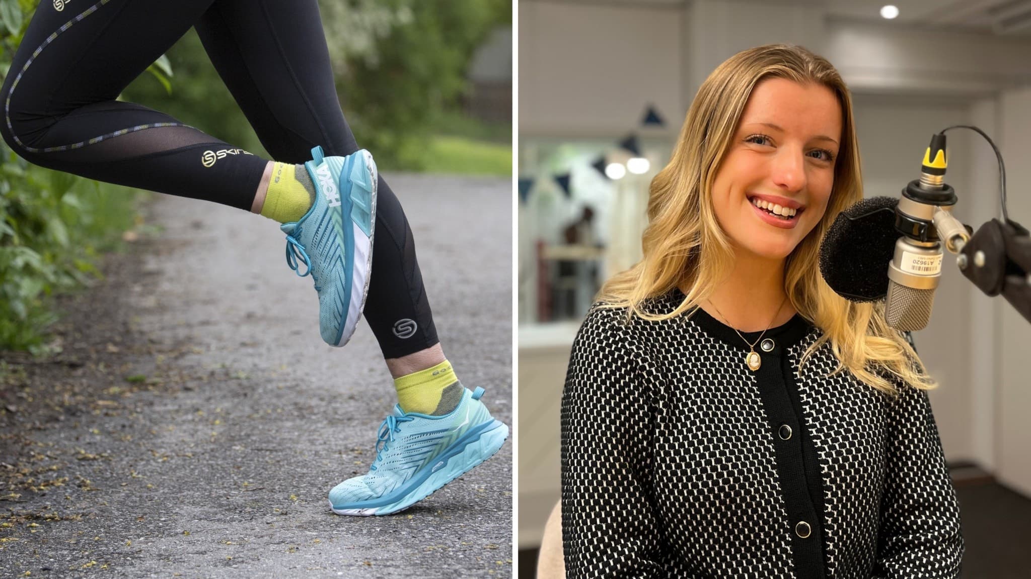 Felicia Rönngren står vid en mikrofon i en radiostudio, klädd i en svart och vit mönstrad kavaj. Bredvid henne är det en bild på ben med löpartights och -skor som pringer på en grusväg.