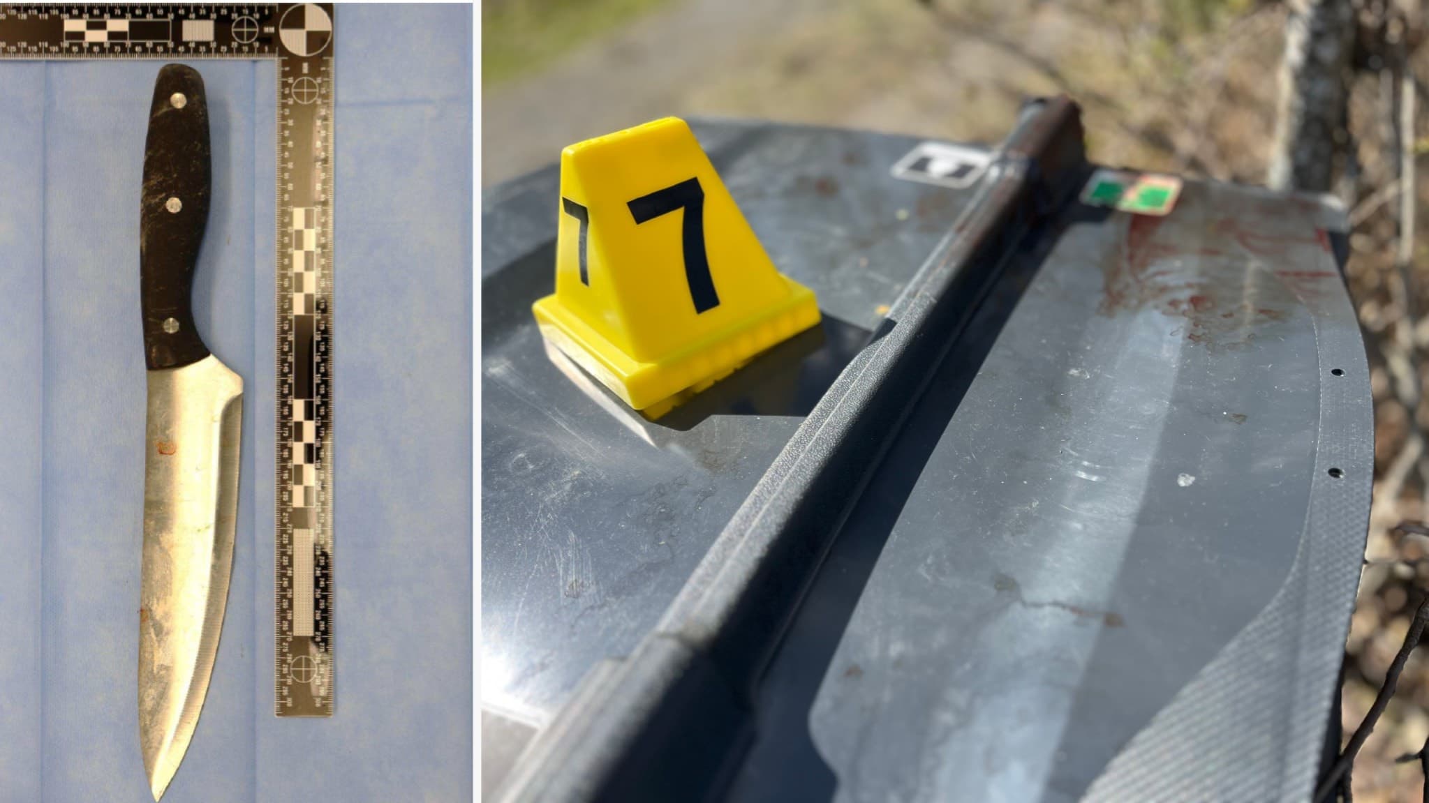 Bild som visar bevis från ett mord i Kramfors. Vänster sida visar en kniv med mätsticka, höger sida visar en brottsplatsmarkör nummer 7 på en soptunna.