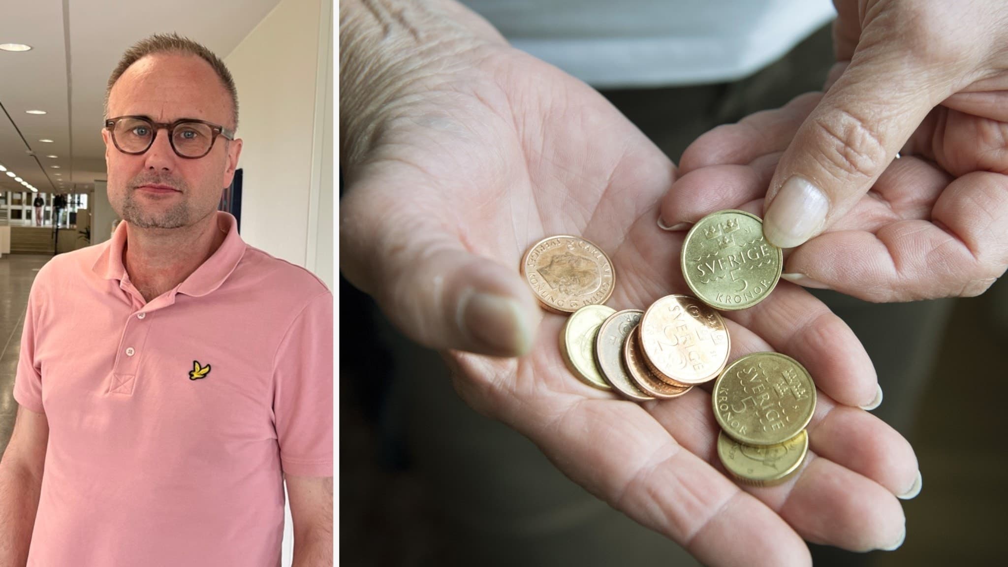 En person i rosa pikétröja står inomhus, och bredvid syns händer som håller mynt. 