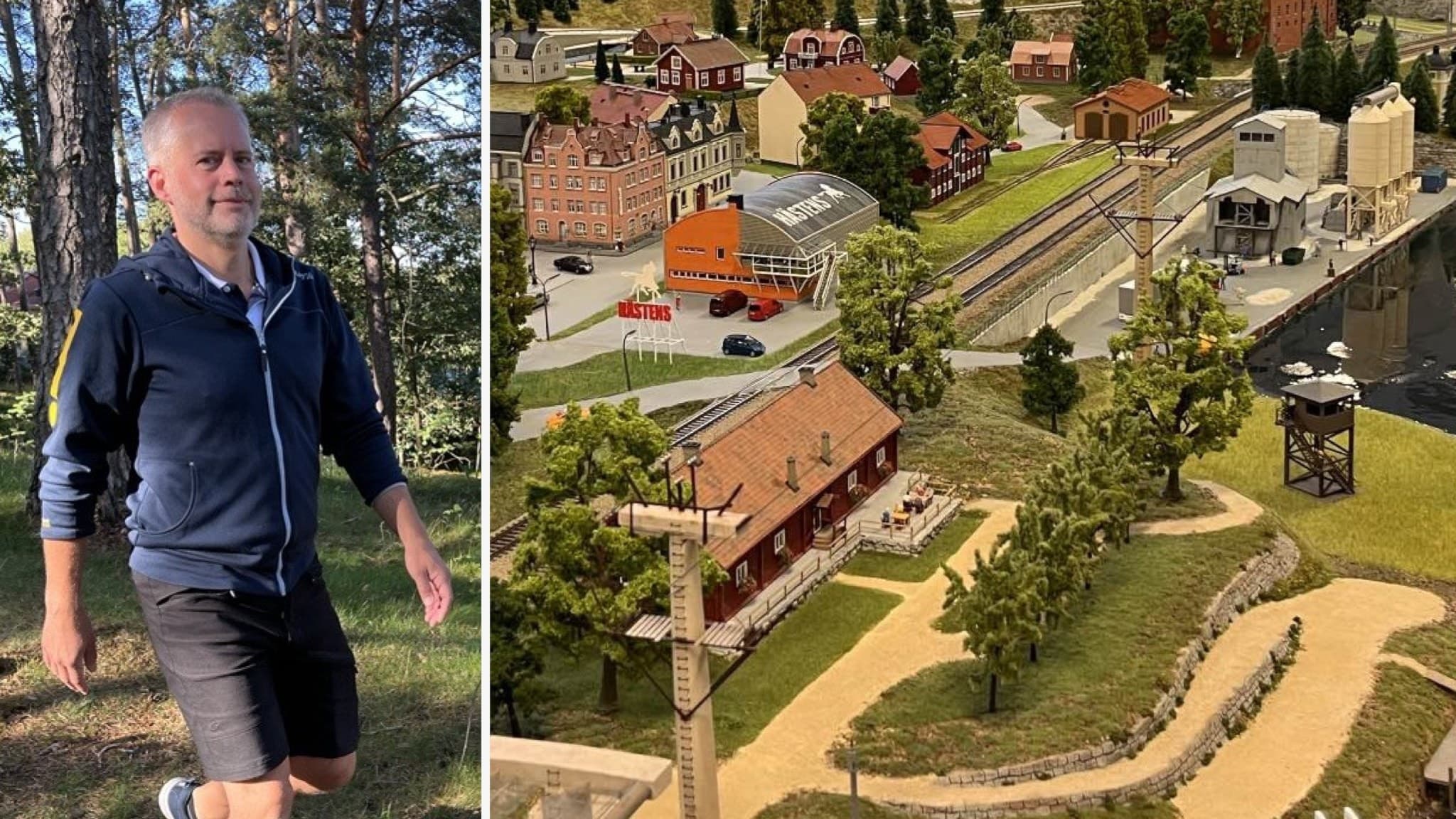 I bilden till vänster syns Henrik Wester, turismchef på region Västmanland, går i en skogsmiljö med grönska och träd omkring sig. Han bär en mörkblå tröja och shorts, och solen skiner genom träden. På bilden till höger syns en detaljerad miniatyrmodell av en svensk stad med hus, tågspår, vägar och vatten. Modellen är uppbyggd inomhus med realistiska landskap och små båtar i en hamn.