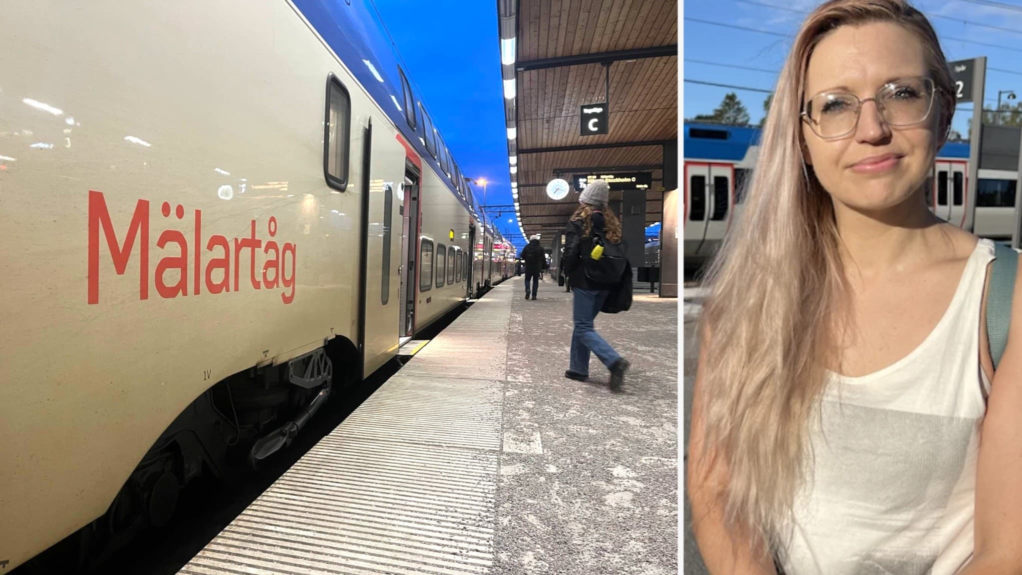 Ett Mälar­tåg står vid en perrong på en tågstation. Personer rör sig i bakgrunden med resväskor. Till höger syns en kvinna iklädd vitt linne.