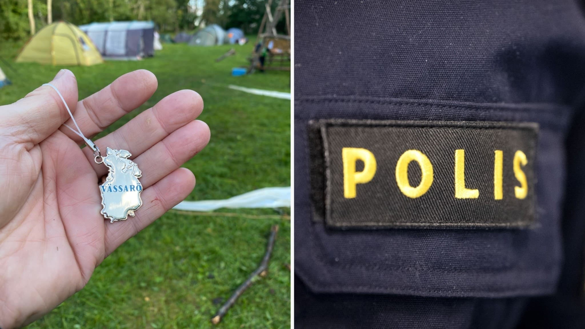 Bild kollage: En scoutledares hand håller en berlock över en gräsyta med tält, bredvid en närbild på en polisuniform med texten 'POLIS'.