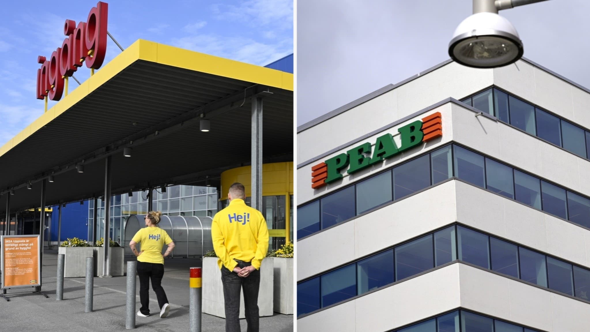 Bildkollage med två motiv: till vänster en entré till en byggvaruhandel med skylt 'Byggmax', två personer i gula tröjor står utanför. Till höger en kontorsbyggnad med PEAB-logotyp på fasaden.