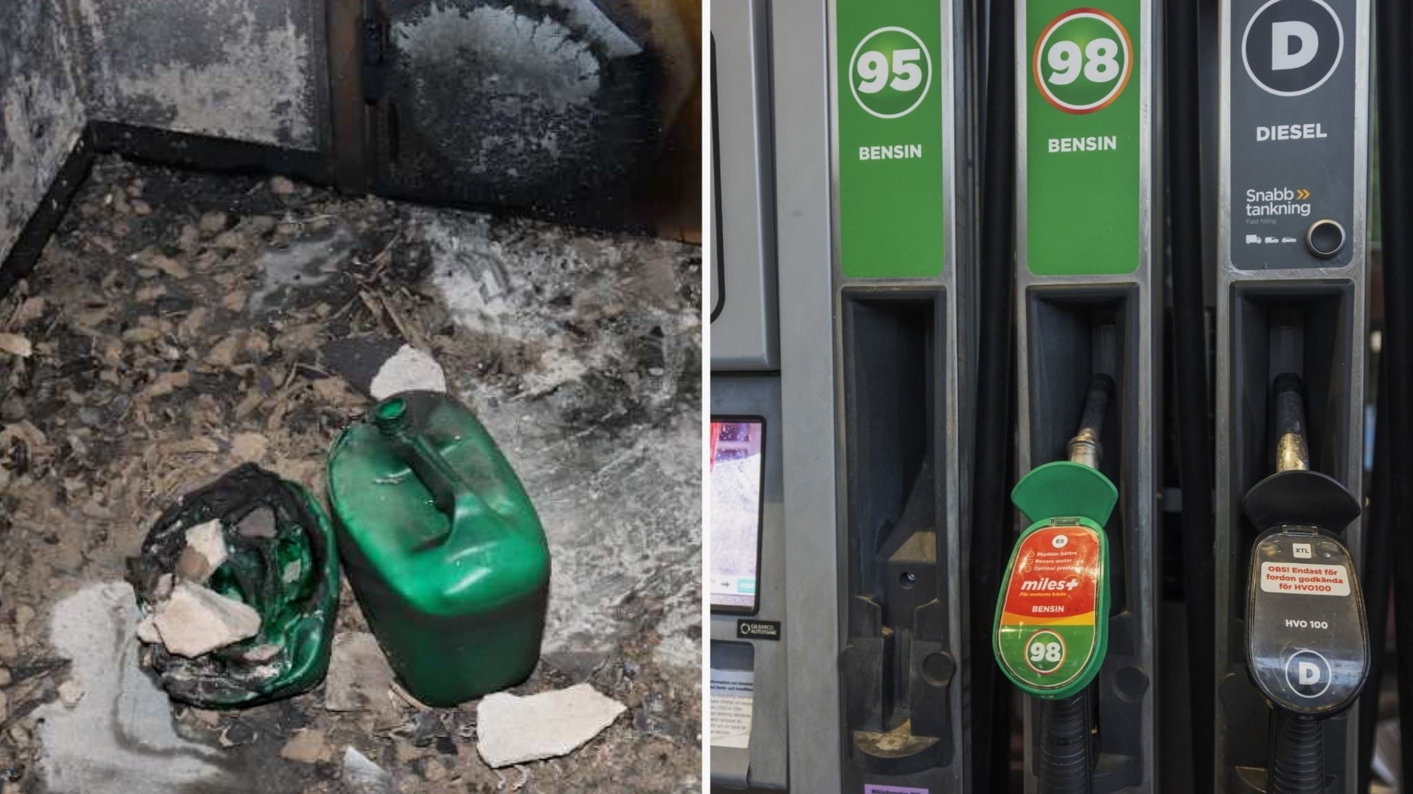Bild visar en grön bensindunk på en brandskadad plats bredvid en bensinmack med pumpar för 95 och 98 oktan. 