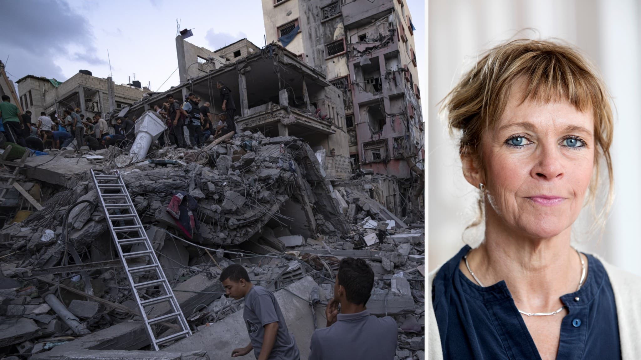 Till vänster bild på rasmassor i Gaza. Till höger bild på Helena Lindholm.