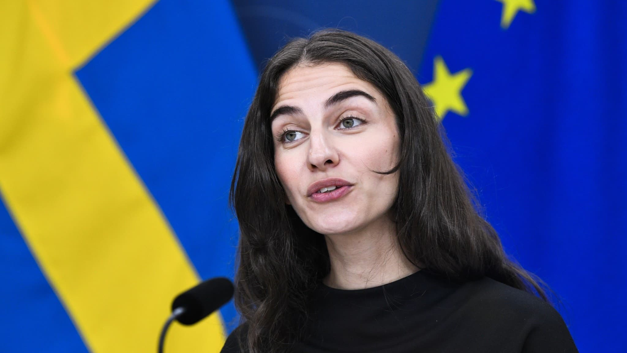 Klimat- och miljöminister Romina Pourmokhtari (L) står framför svenska och EU:s flaggor under en pressträff.