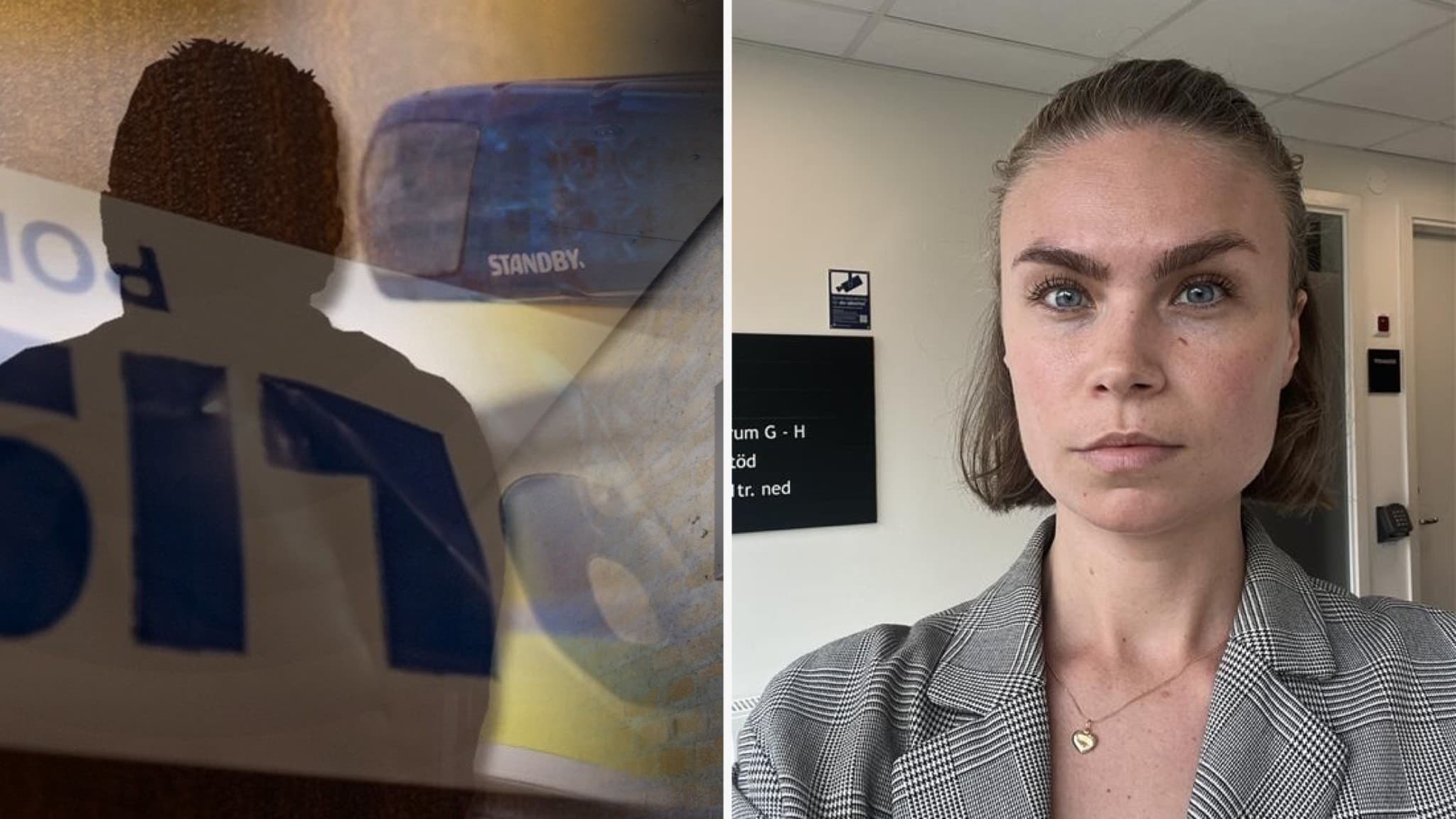Bildmontage med två delar: till vänster syns en polisbil med skuggan av en person, till höger en kvinna i grå kavaj som föreställer Tilda Johnsson, reporter för P4 Väst.