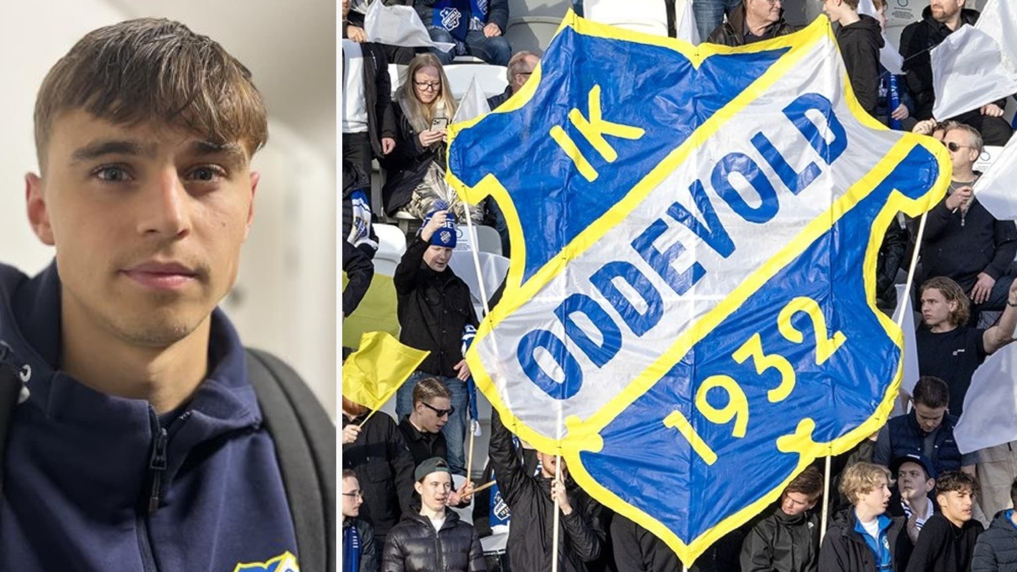 Bildcollage med Emir Derviškadić och fans som håller upp en flagga med IK Oddevold 1932, omgiven av blå och gula färger. Supporters samlade på läktaren under en fotbollsmatch.