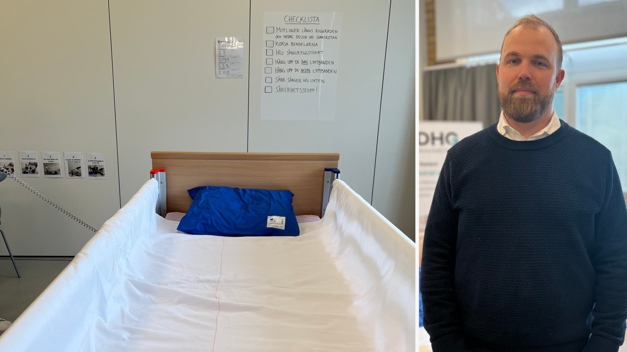 En sjukhussäng med ett automatiskt vändverktyg visas i en äldrevårdsmiljö. Bredvid sängen står Jonatan Hermansson (S) som är ordförande i vård- och äldreomsorgsnämnden, en person i mörk tröja.