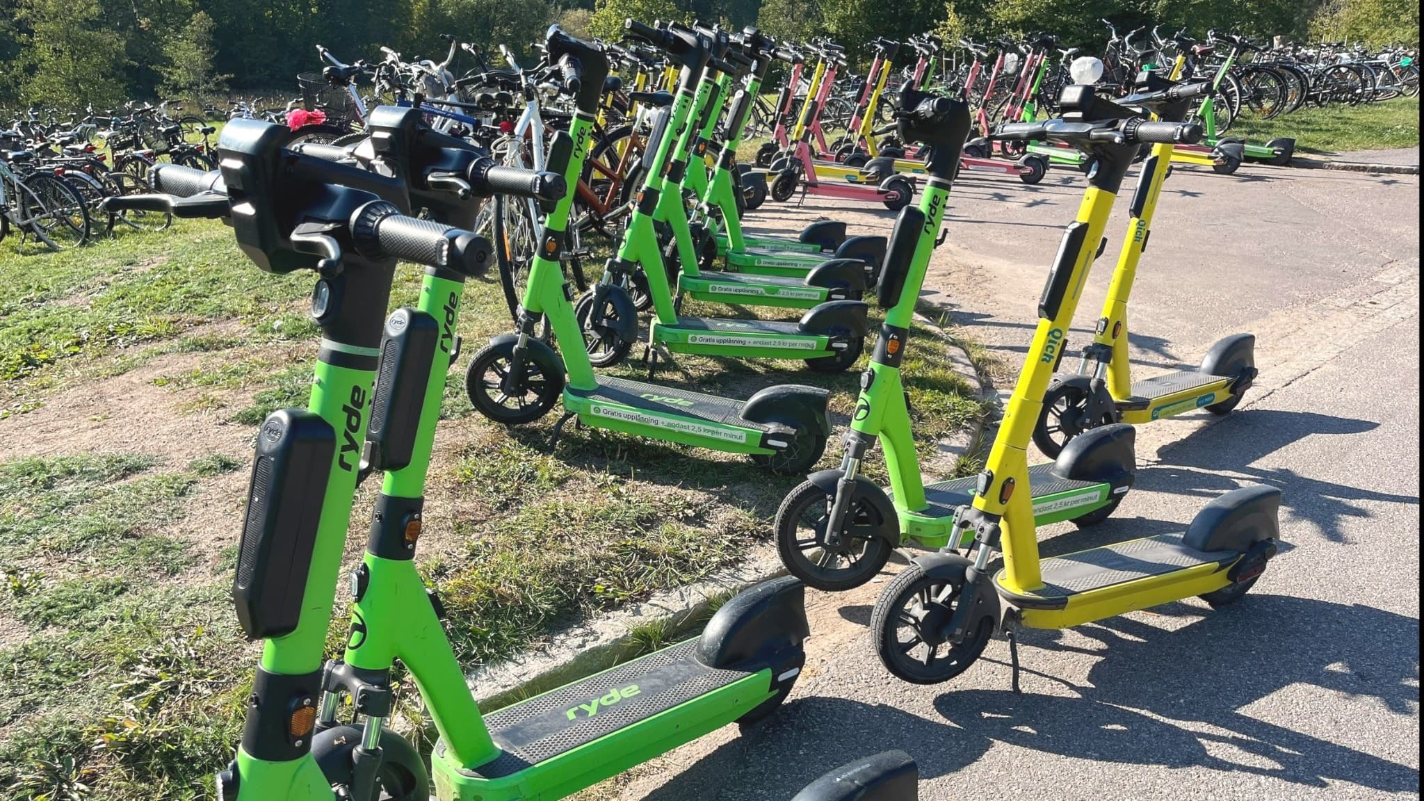 Flera gröna och gula elsparkcyklar står uppradade på en parkering i Norrköping. En undersökning visar att 42 procent av invånarna vill förbjuda dem enligt nyhetsrapportering.