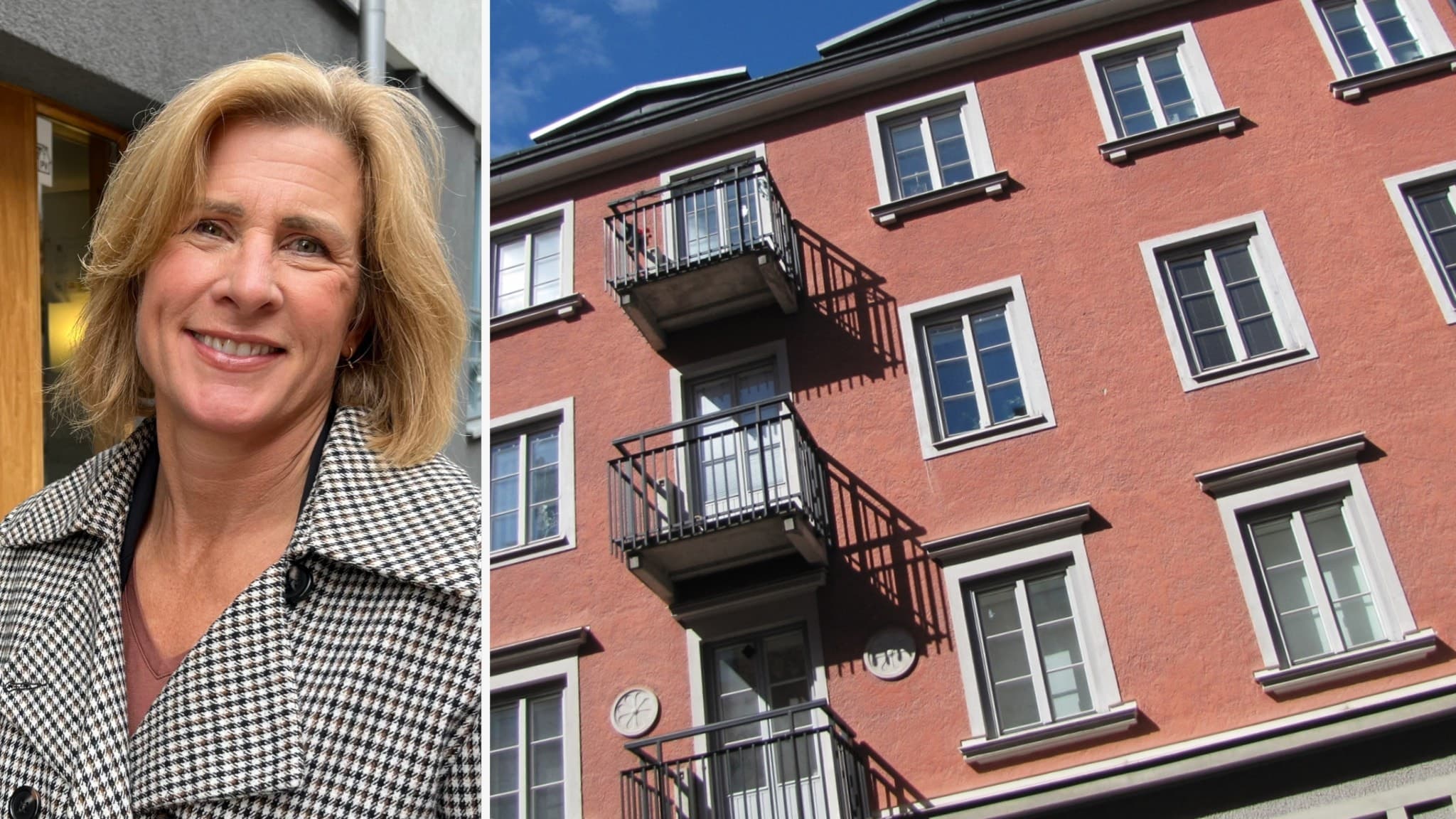 Cecilia Hemer Eliasson, fastighetsmäklare hos LF Fastighetsförmedling i Östergötland, framför en fastighet med röd fasad och svarta balkonger under en klarblå himmel.
