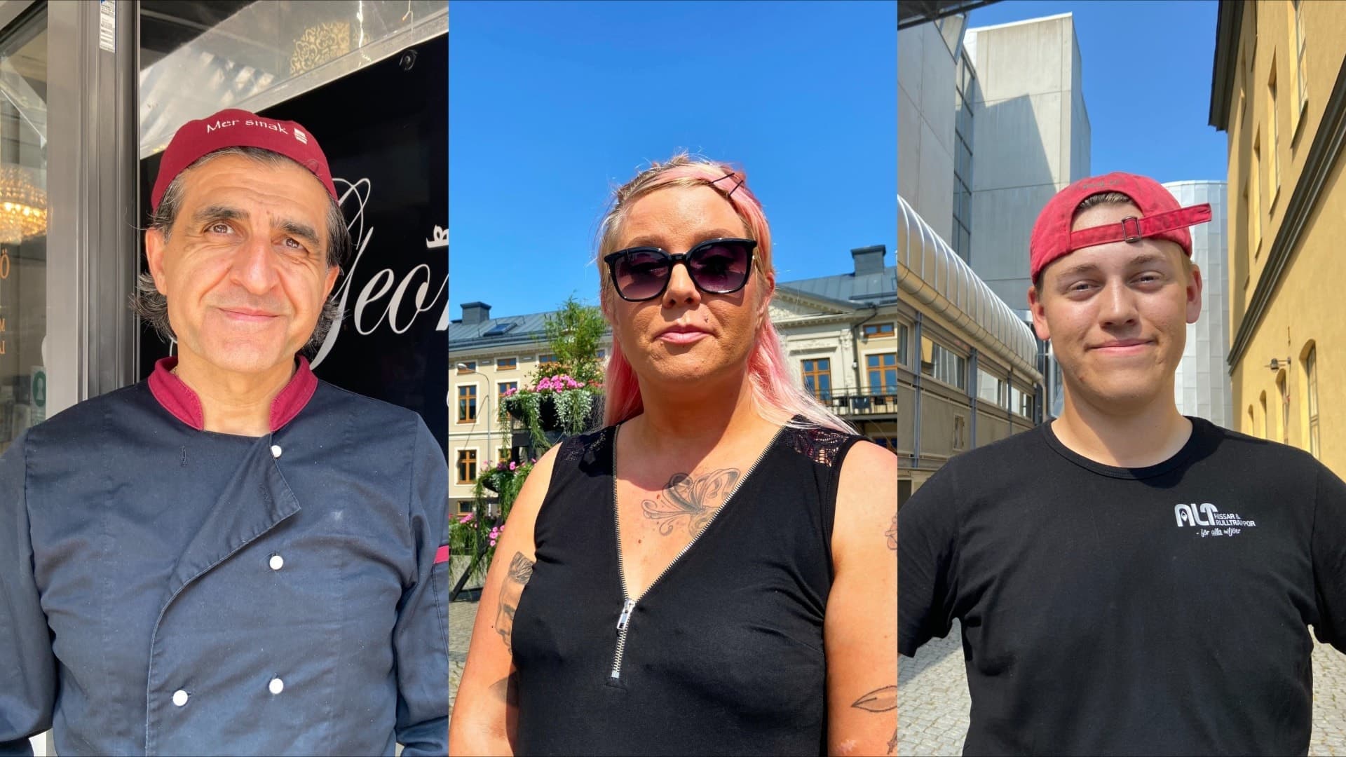 Kollage med dom intervjuade personerna Gabriel Malki, Therese Lindell och Erik Lundell. Gabriell är klädd i kockkläder med röd hätta, Therese i solglasögon och Erik med en bakochframvänd röd keps. 