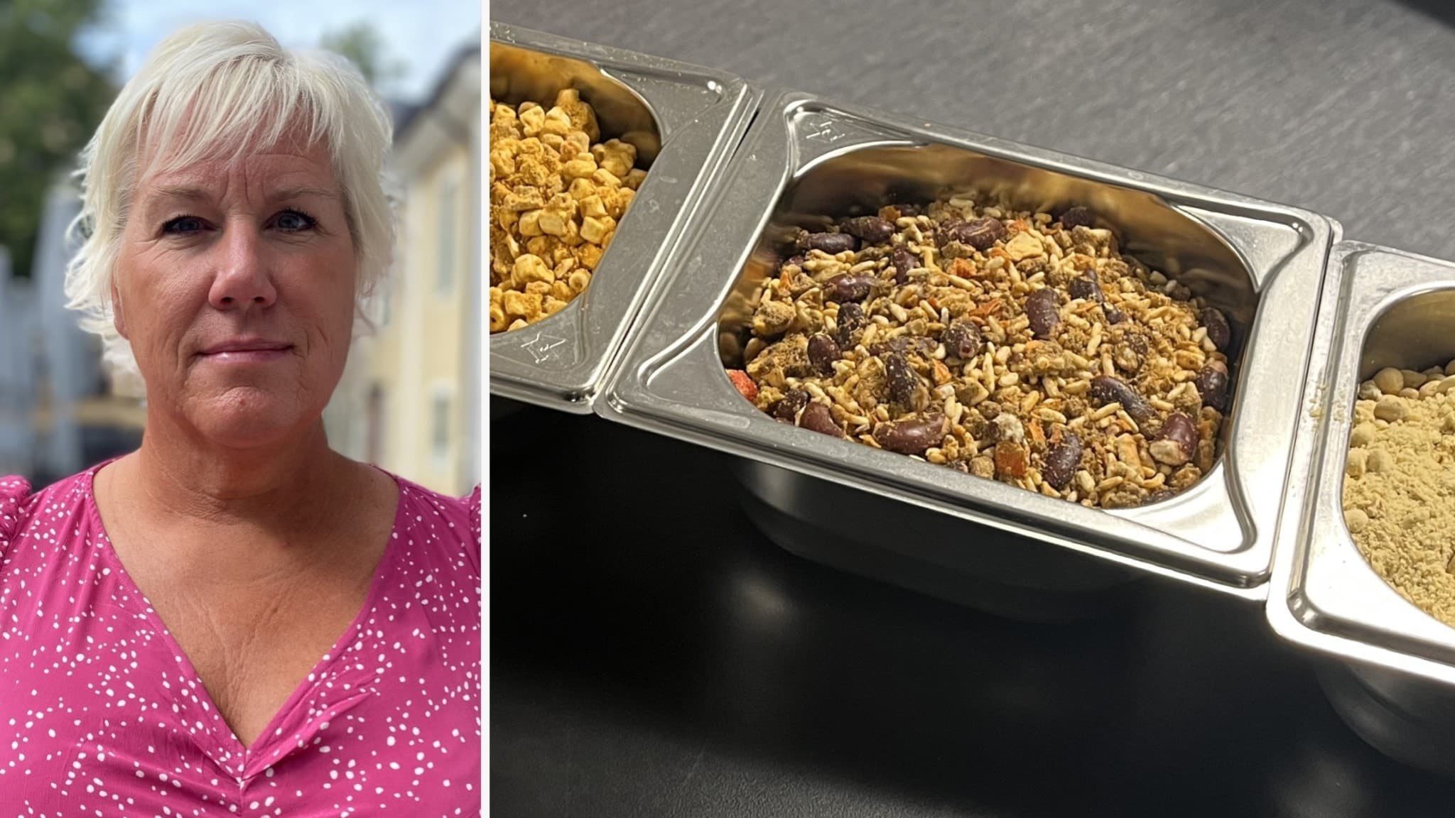 Kommunalrådet Kristina Edlund (S) i rosa klänning visas bredvid en närbild på frystorkad mat i metallbehållare, kopplat till beredskapsfrågor.