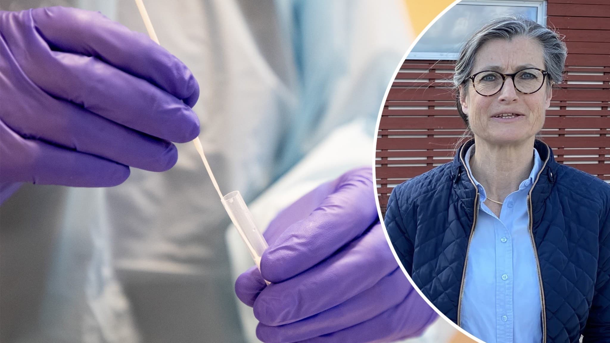 Britt Åkerlind, smittskyddsläkare i Östergötland, förklarar listeria medan en närbild visar händer i lila handskar som håller ett provrör för laboratorieanalys.