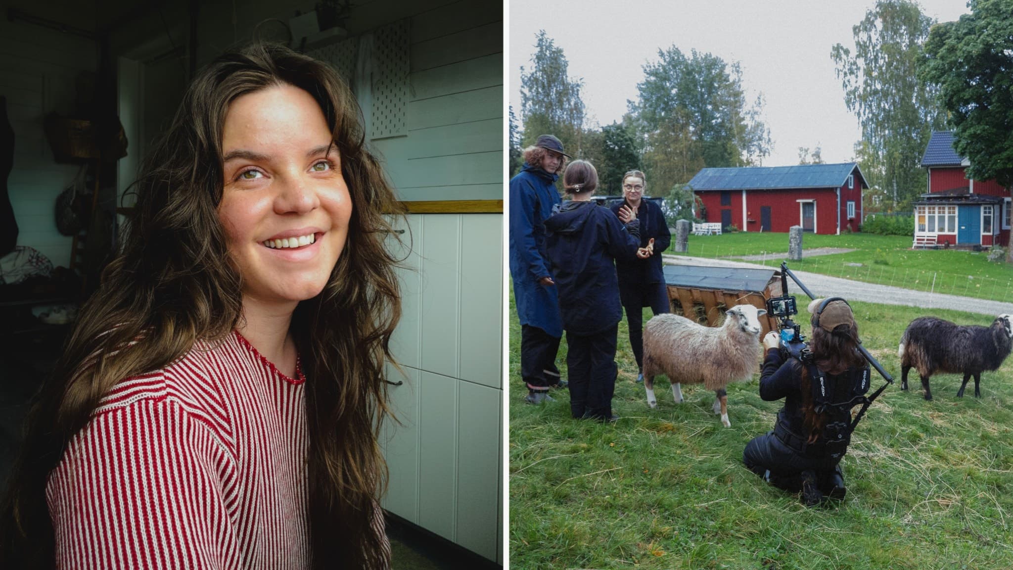 Hanna-Maria Rydberg står inomhus i en randig skjorta. Till höger syns en grupp människor som filmar får på en grön gräsmatta med röda hus i bakgrunden.