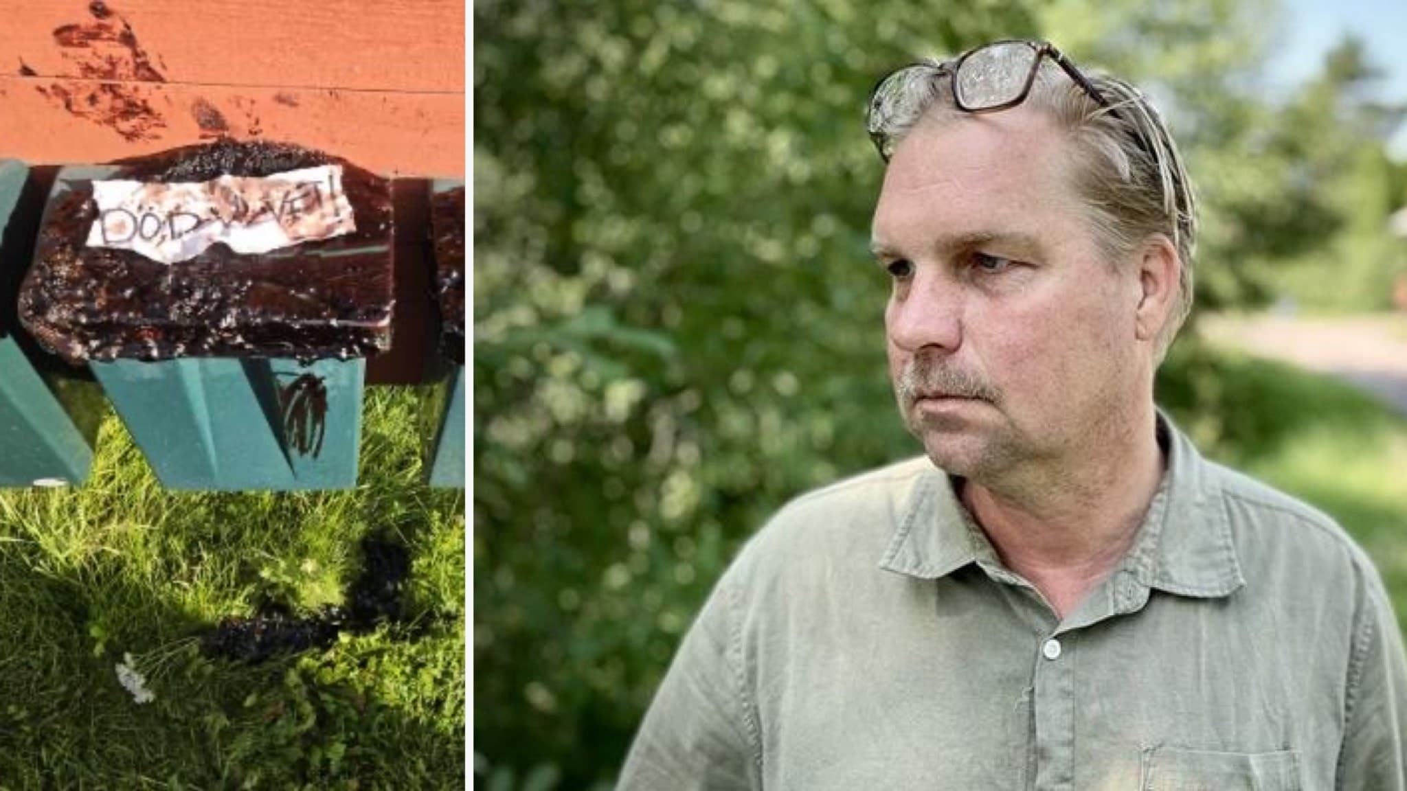 En bild som visar en närbild av en dörrkarm med skador och texten 'dodcam' samt en man i grön skjorta som står utomhus framför grönska. Fokus på skaderapportering och miljö.