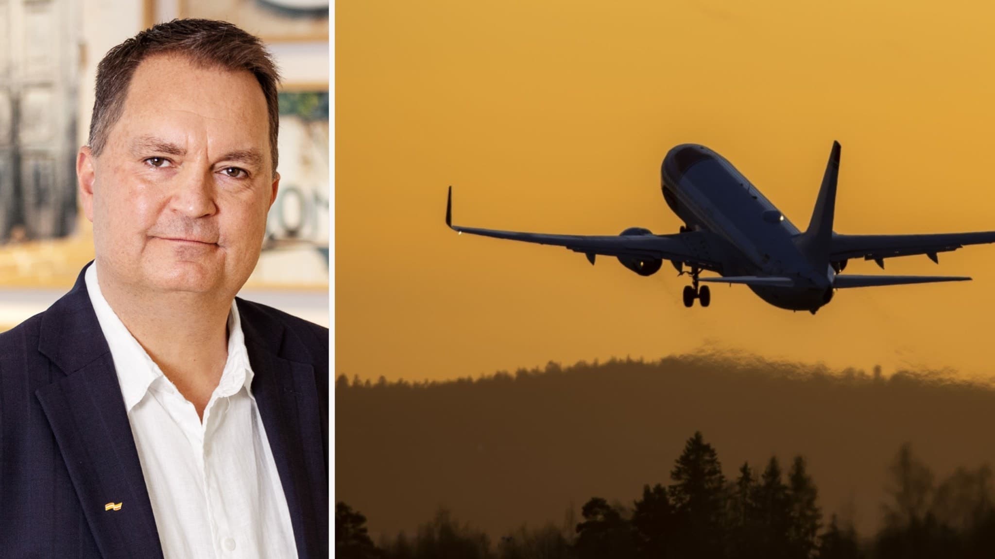 En närbild på en man i kavaj och sedan ett flygplan som åker mot en soluppgång.