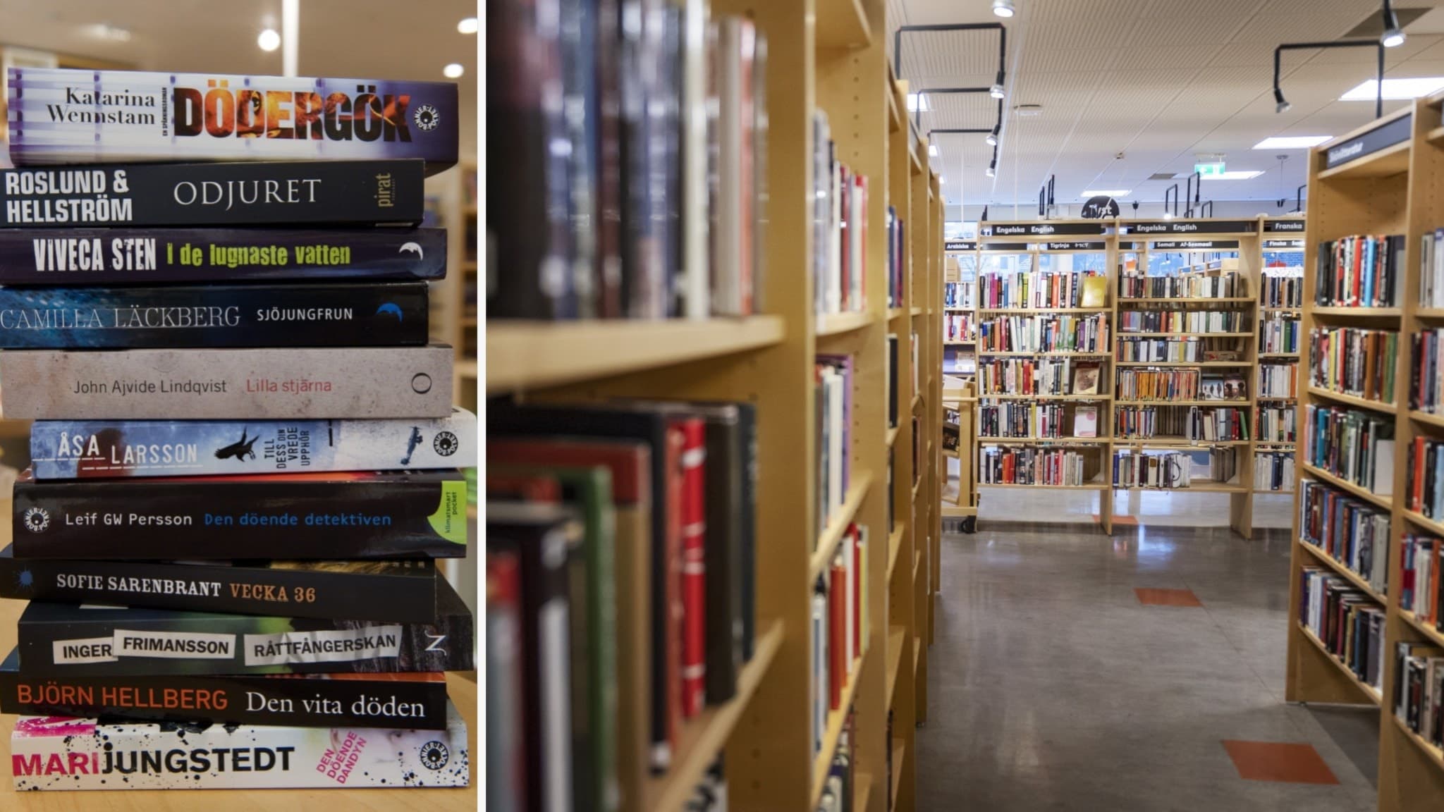 Böcker av deckarförfattare som Sofie Sarenbrant och Marie Ljungstedt syns på en hylla, bredvid en översikt av ett bibliotek fyllt med bokhyllor.