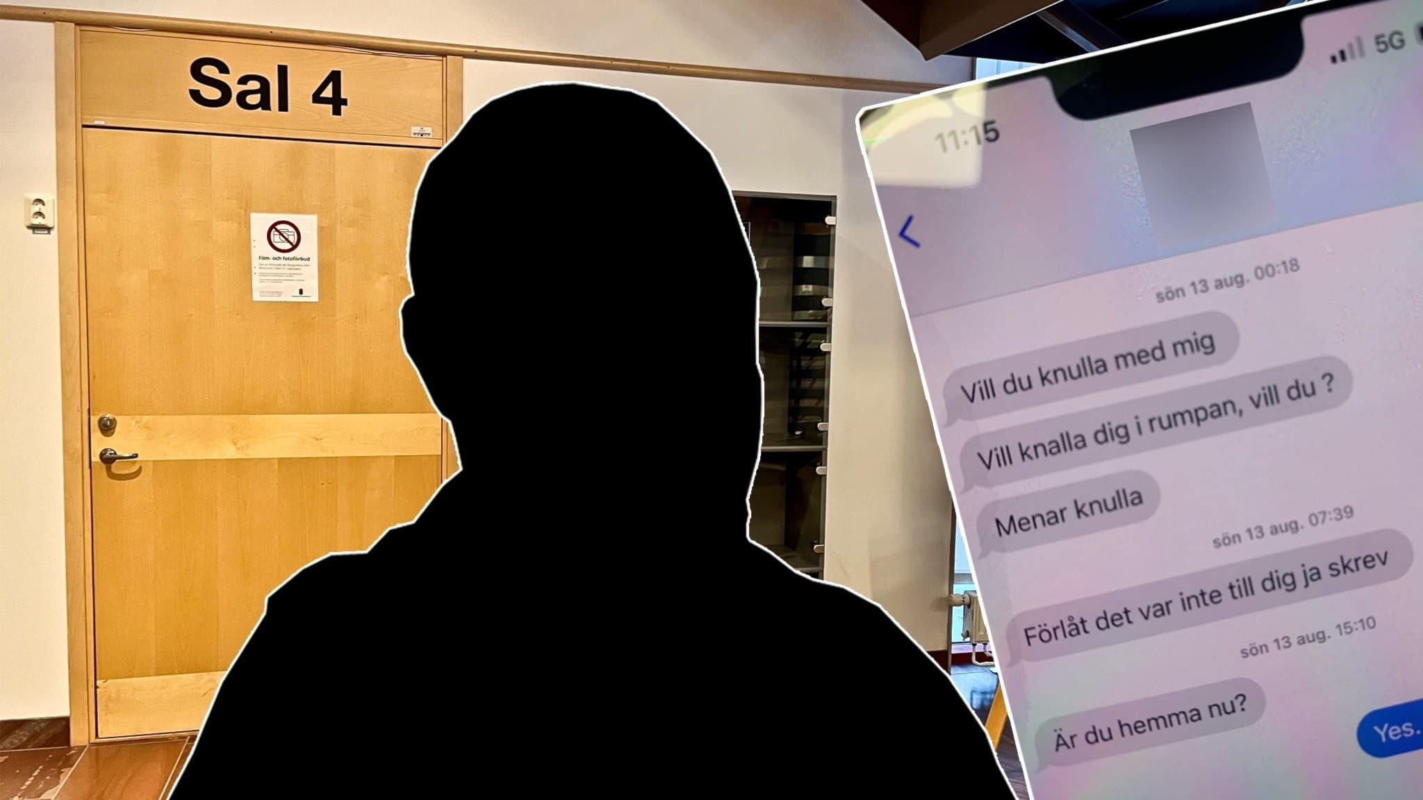En bild på en trädörr som det står sal 4 på, vid Falu tingsrätt. Och en infälld siluett av en man och ett sms-meddelande.