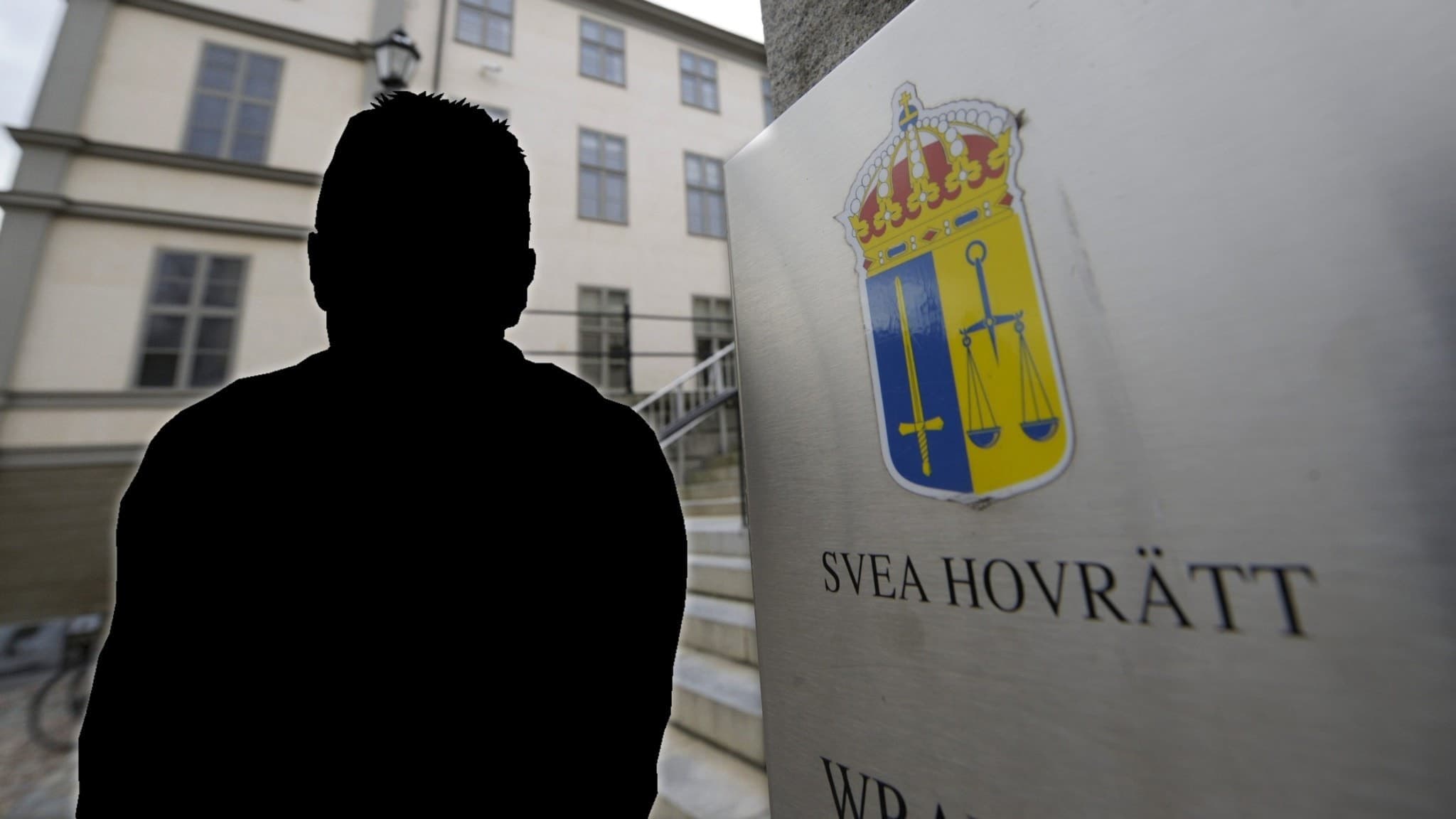 En siluett av en man, samt en bild på en skylt där det står Svea hovrätt.