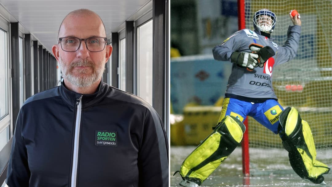 Till vänster syns en person iförd en mörk jacka med texten Radiosporten i en korridor. Till höger ses en bandymålvakt i gul utrustning rädda en boll vid målet på en isplan.