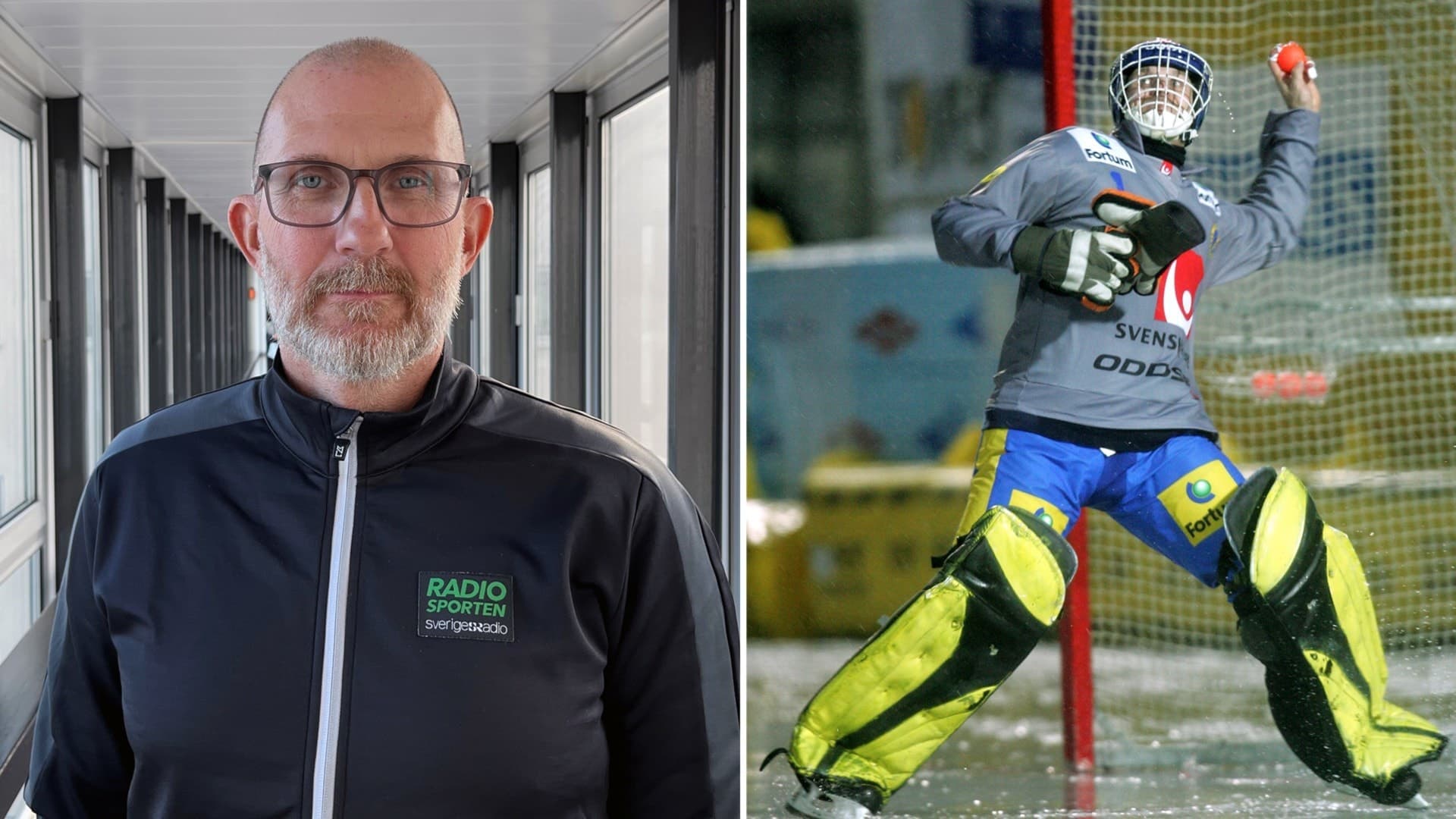 Till vänster syns en person iförd en mörk jacka med texten Radiosporten i en korridor. Till höger ses en bandymålvakt i gul utrustning rädda en boll vid målet på en isplan.