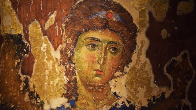 Ärkeängeln Mikael, bysantinsk målning 11-1200-talet,  Matskhvarishi Church, Georgien