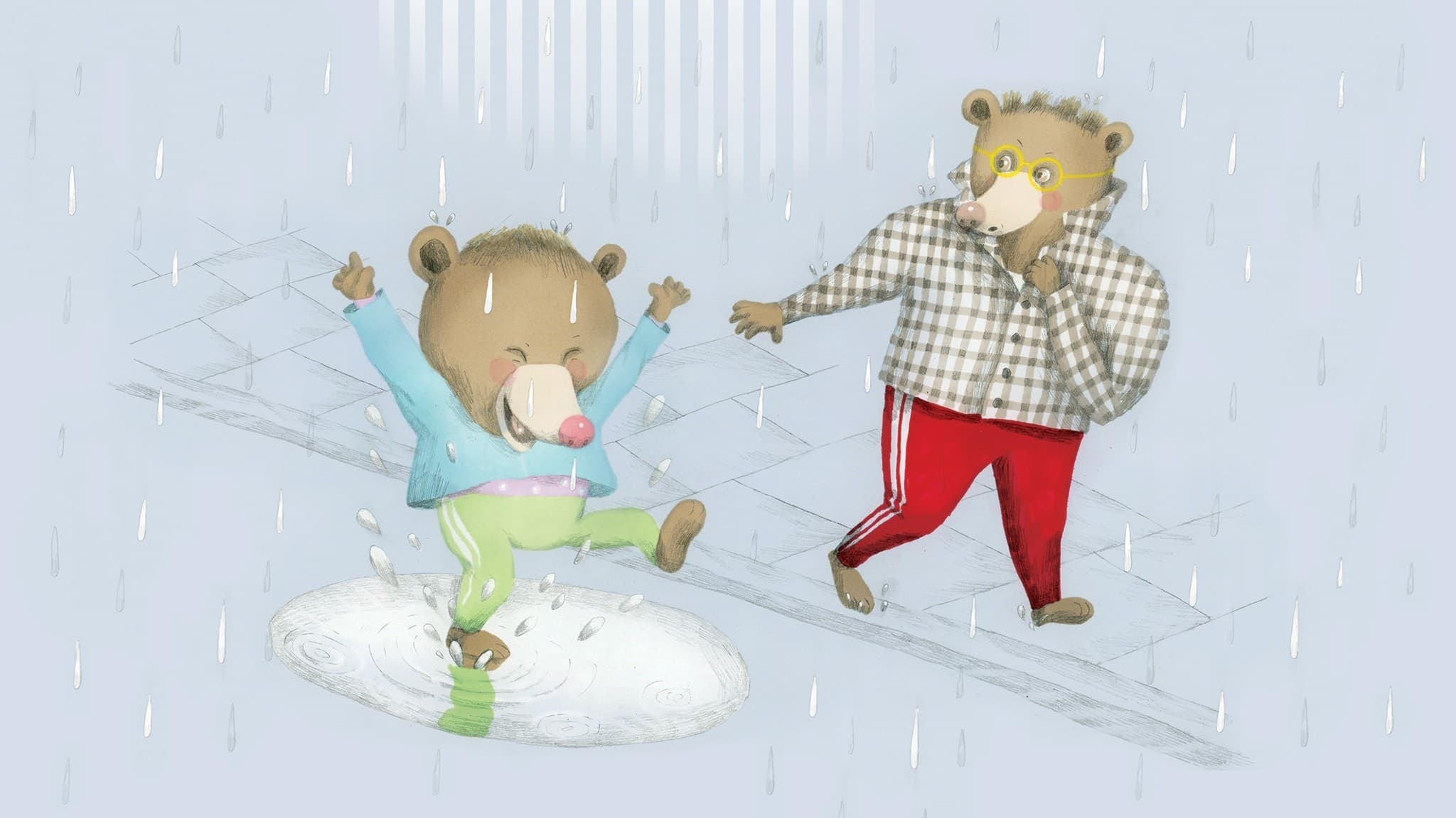 Det regnar och Nalle plaskar i en pöl, pappar går på trottoaren bredvid och försöker att inte bli blöt. Illustration: Lotta Geffenblad