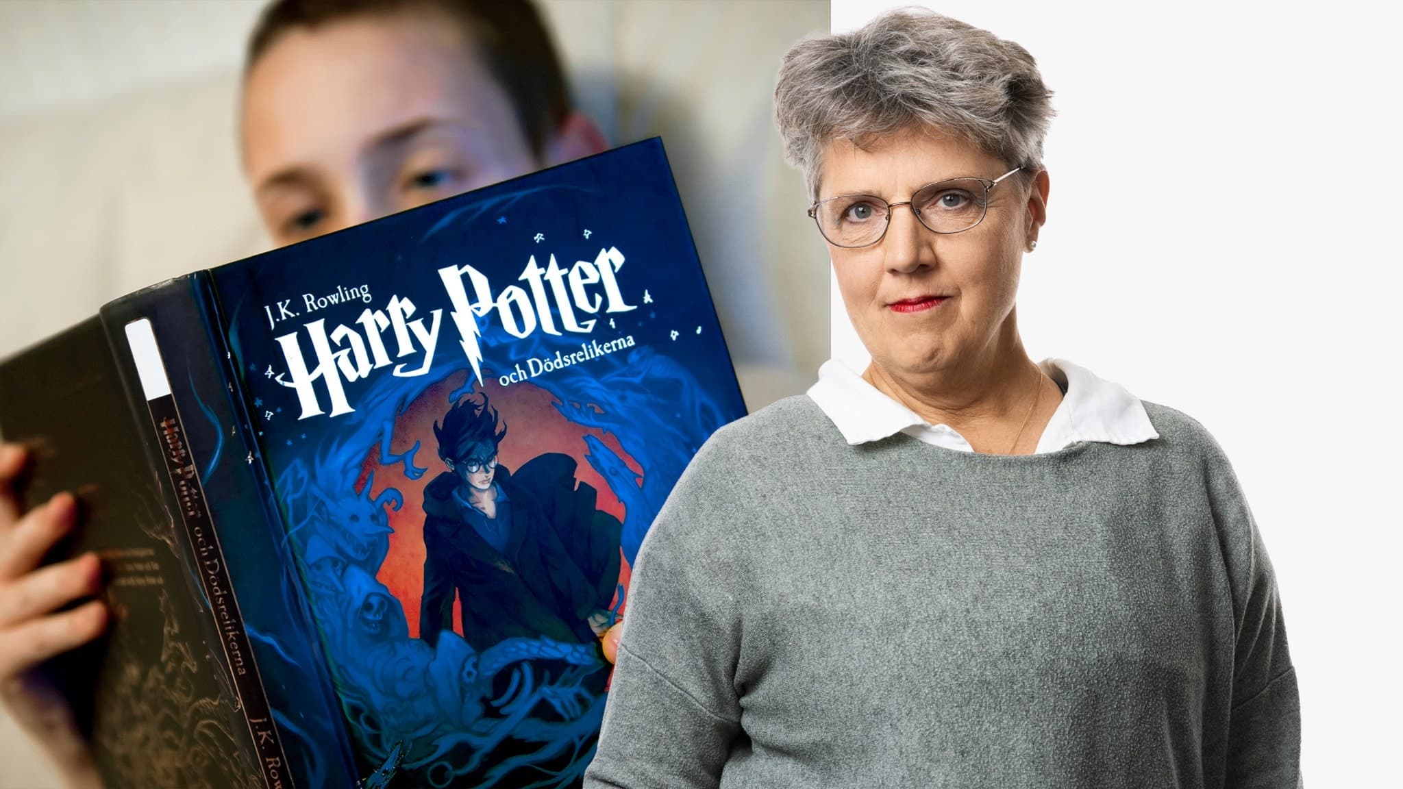 Camilla Widebeck står framför en vit bakgrund, iklädd grå tröja och vit skjorta. Till vänster syns en bok med titeln 'Harry Potter' och en illustrerad omslagsbild med magiska motiv.