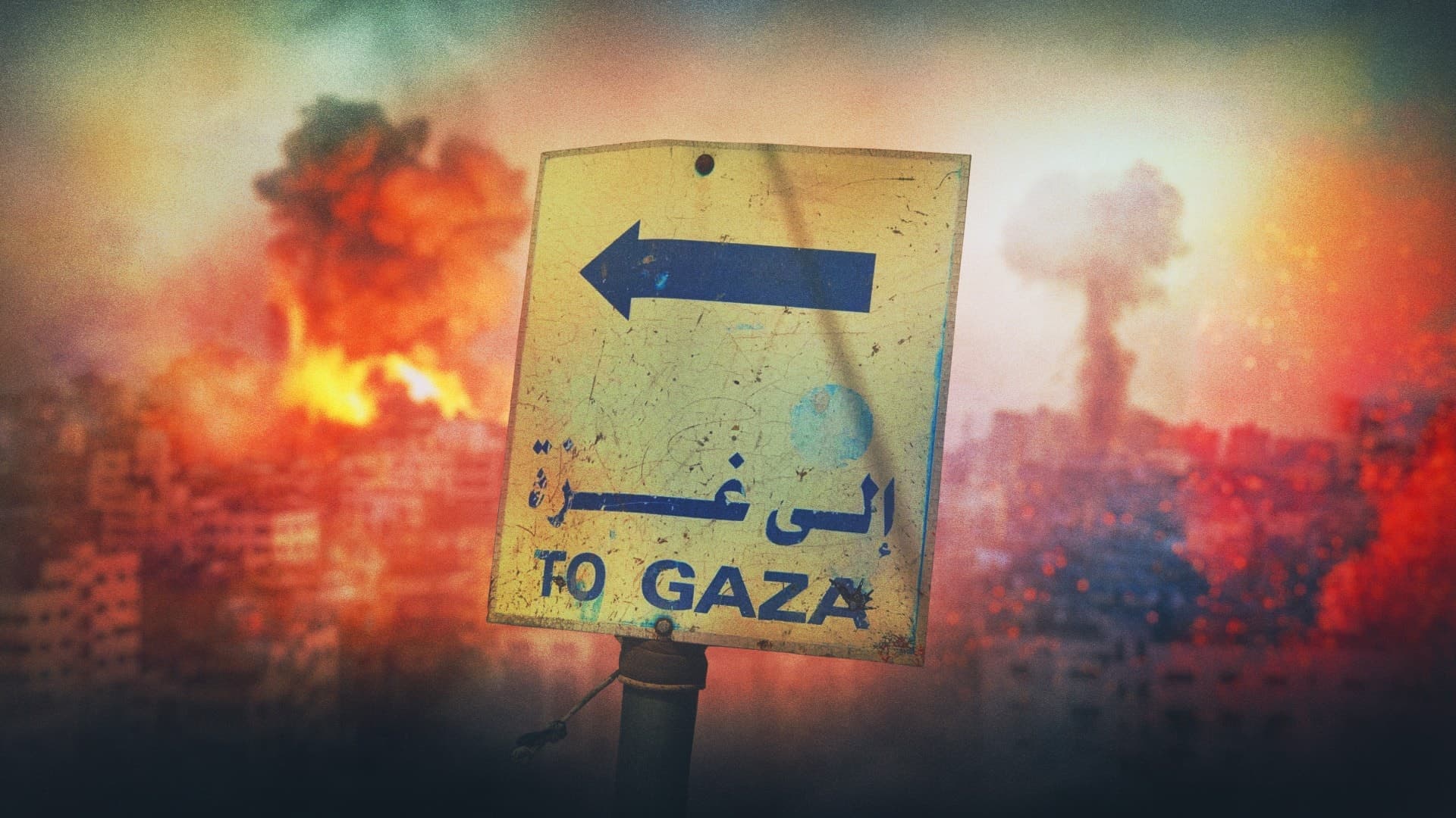 En vägskylt där det står ”To Gaza”. I bakgrunden bomber som faller över en stad. 