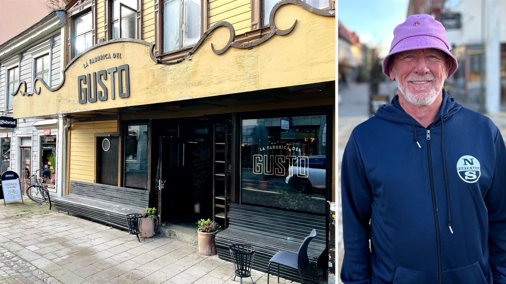 Restaurang Gusto med gul fasad och svart skylt i en stadsmiljö. Till vänster syns uteservering med bänkar och krukor. Till höger en man i blå hoodie och lila keps, stående utomhus.