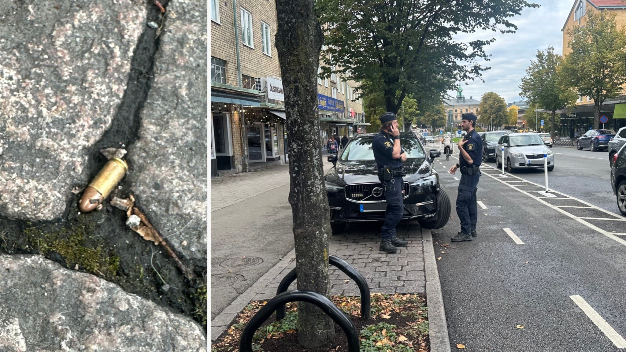 Bildmontage med två bilder: till vänster syns en tomhylsa på en stenig mark, till höger två poliser vid en avspärrad gata i en stadsmiljö.
