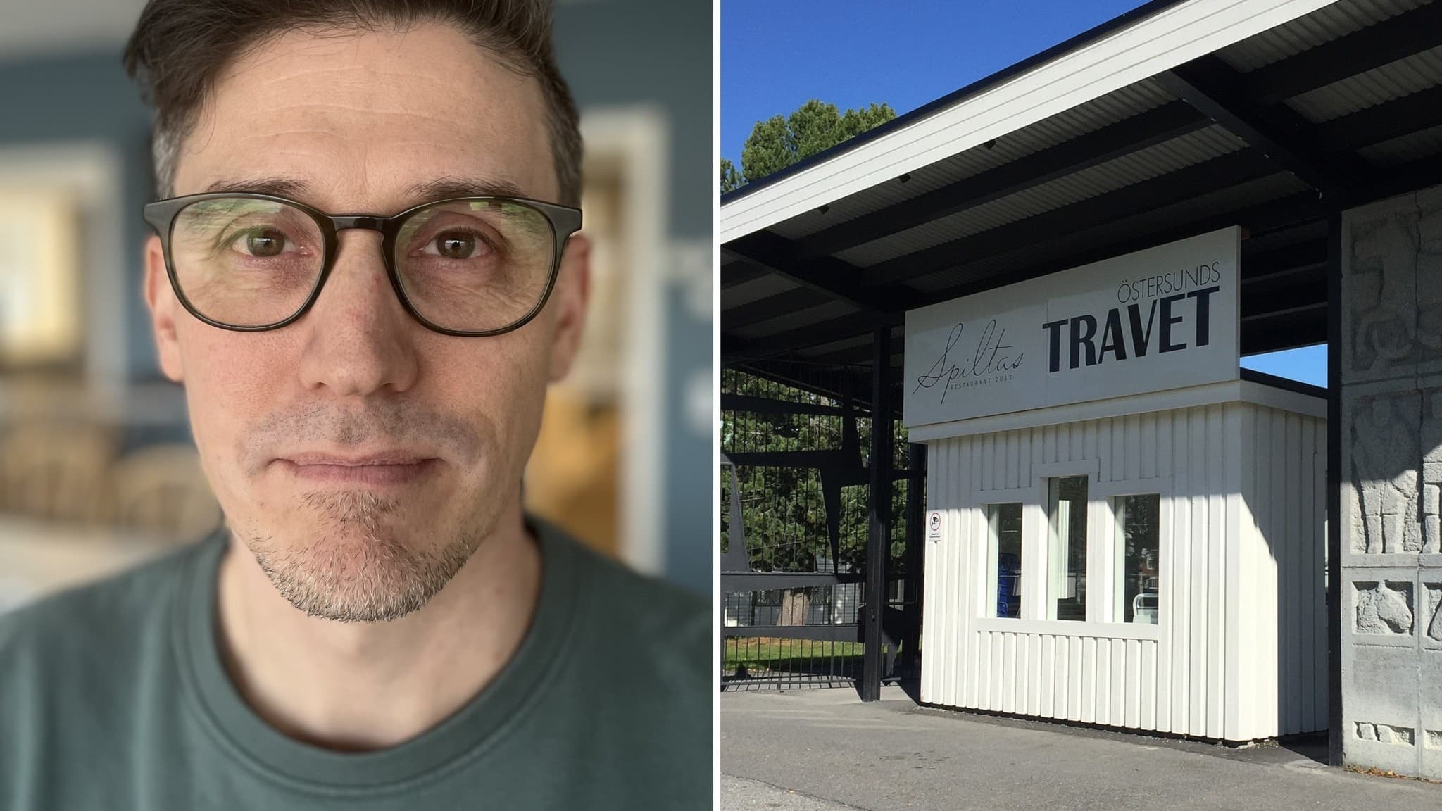En närbild på Daniel Storey, vd vid Östersundstravet, bredvid en bild på ingången till Östersundstravet. Solen lyser på fasaden och omgivningen präglas av en klarblå himmel.