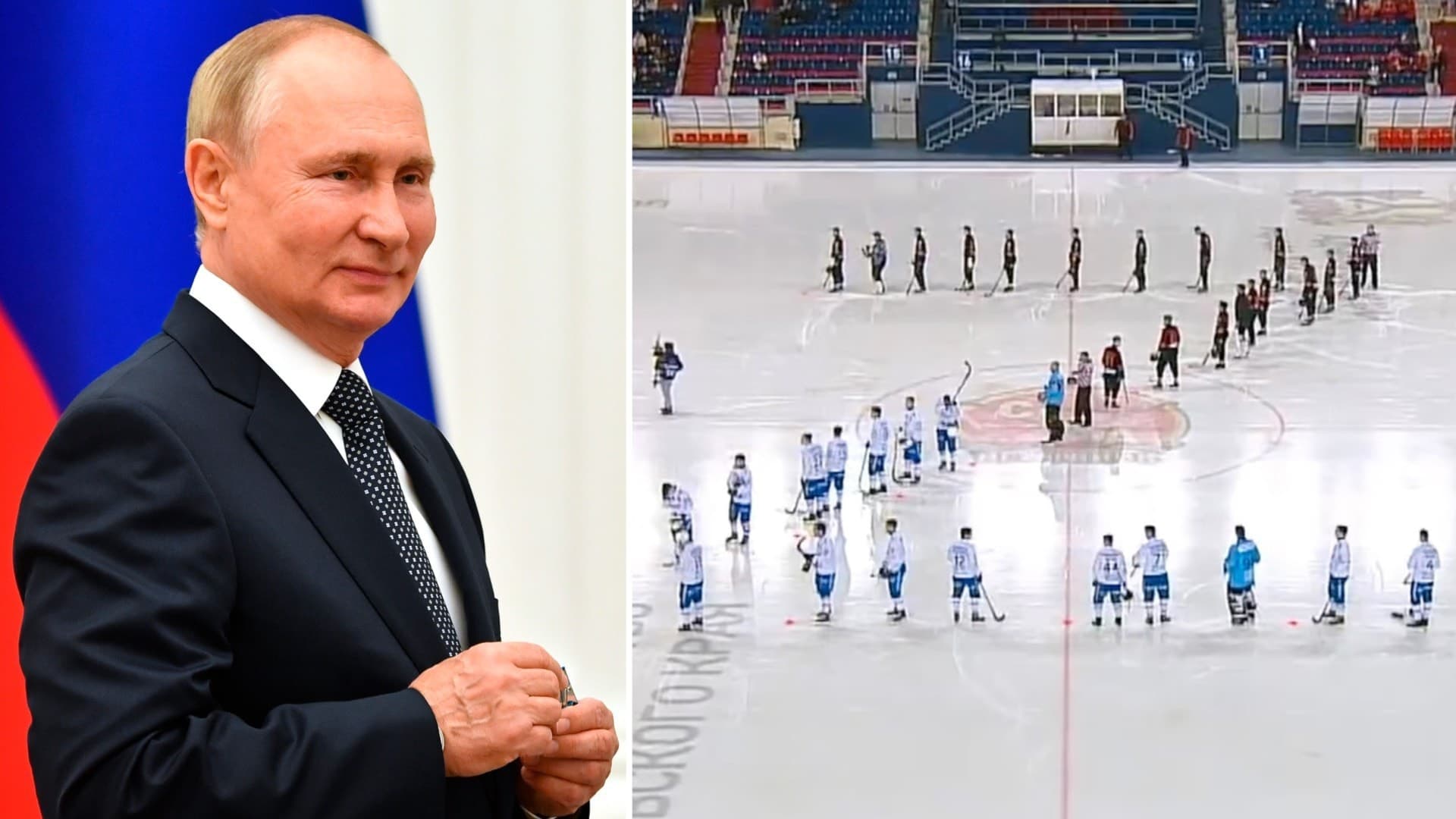 Vladimir Putin i kostym framför en rysk flagga till vänster och en ishockeymatch med spelare uppställda på isen till höger.